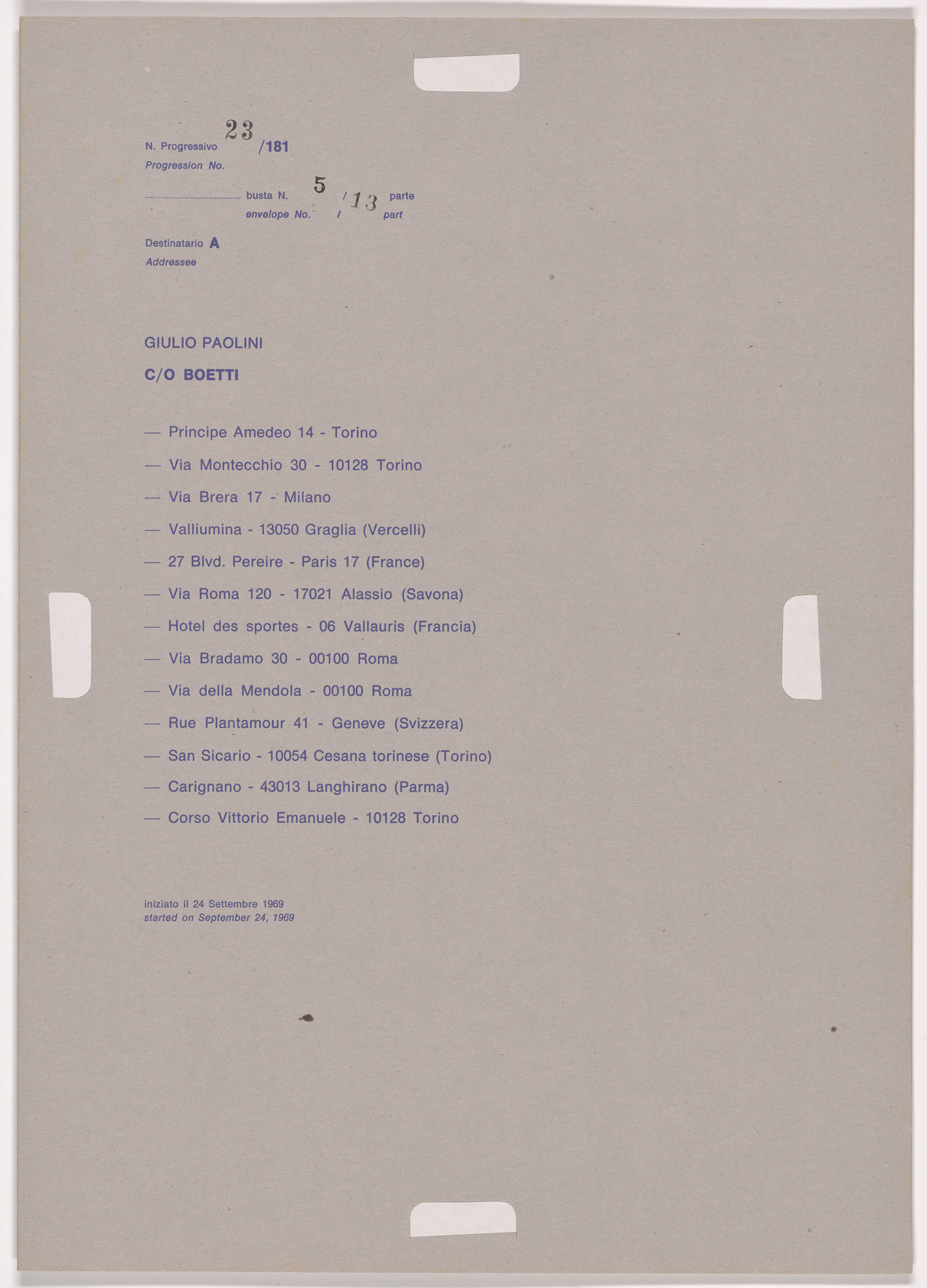 Alighiero Boetti. Progression No. 23 from Postal Dossier (Dossier postale)