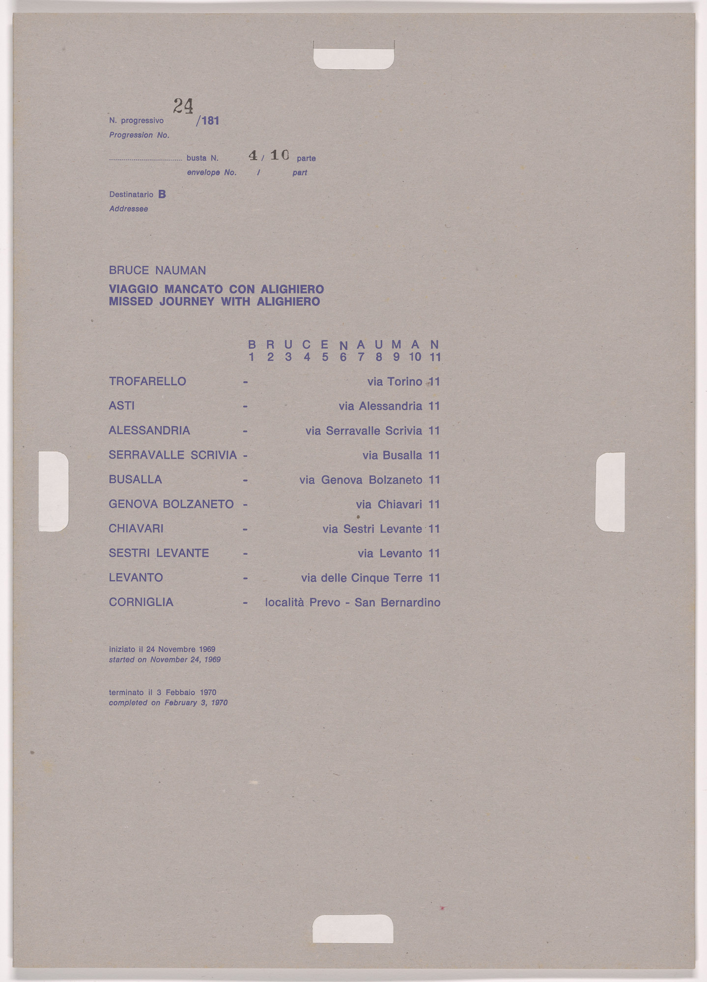 Alighiero Boetti. Progression No. 24 from Postal Dossier (Dossier postale)