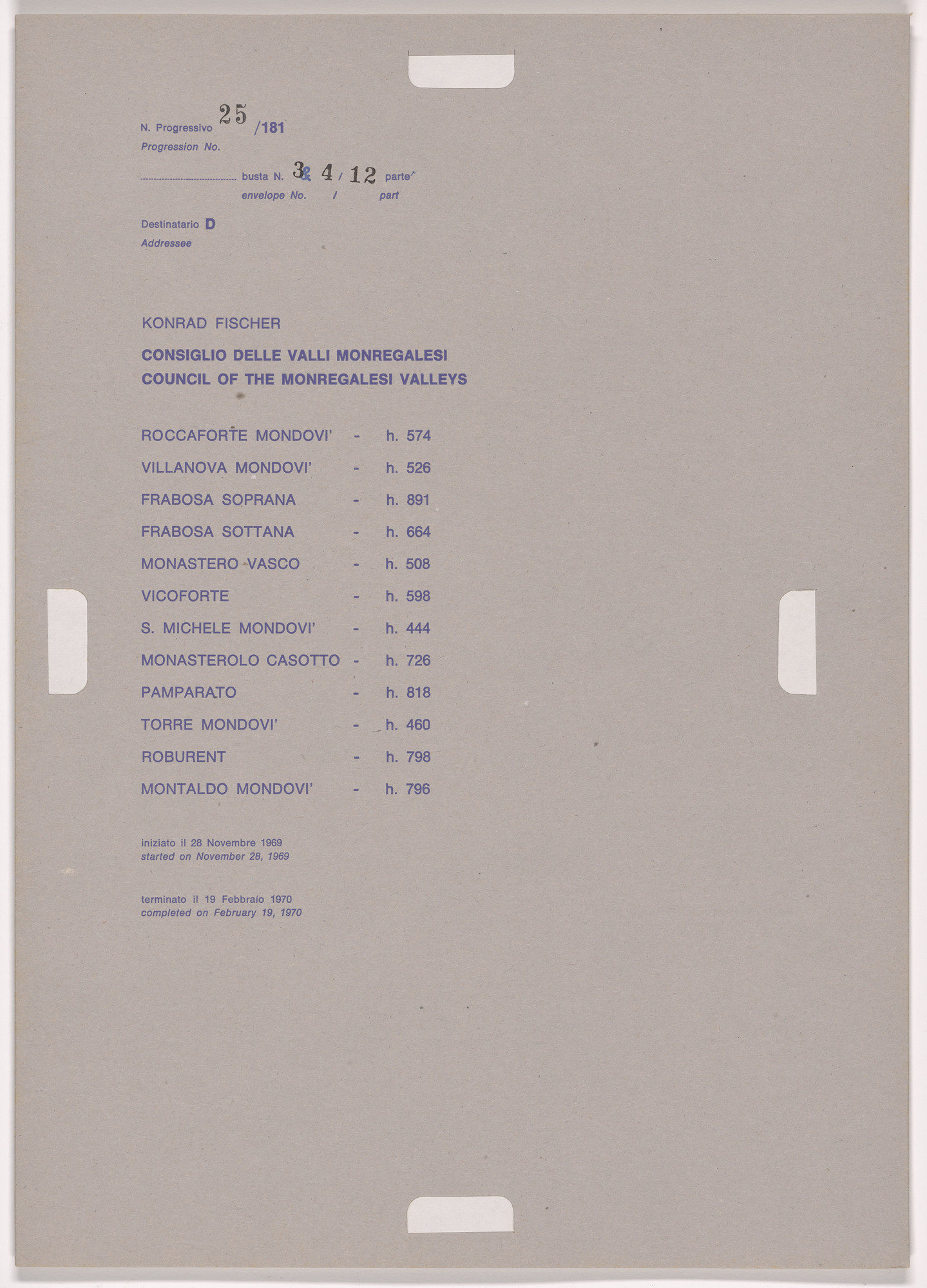 Alighiero Boetti. Progression No. 25 from Postal Dossier (Dossier postale)