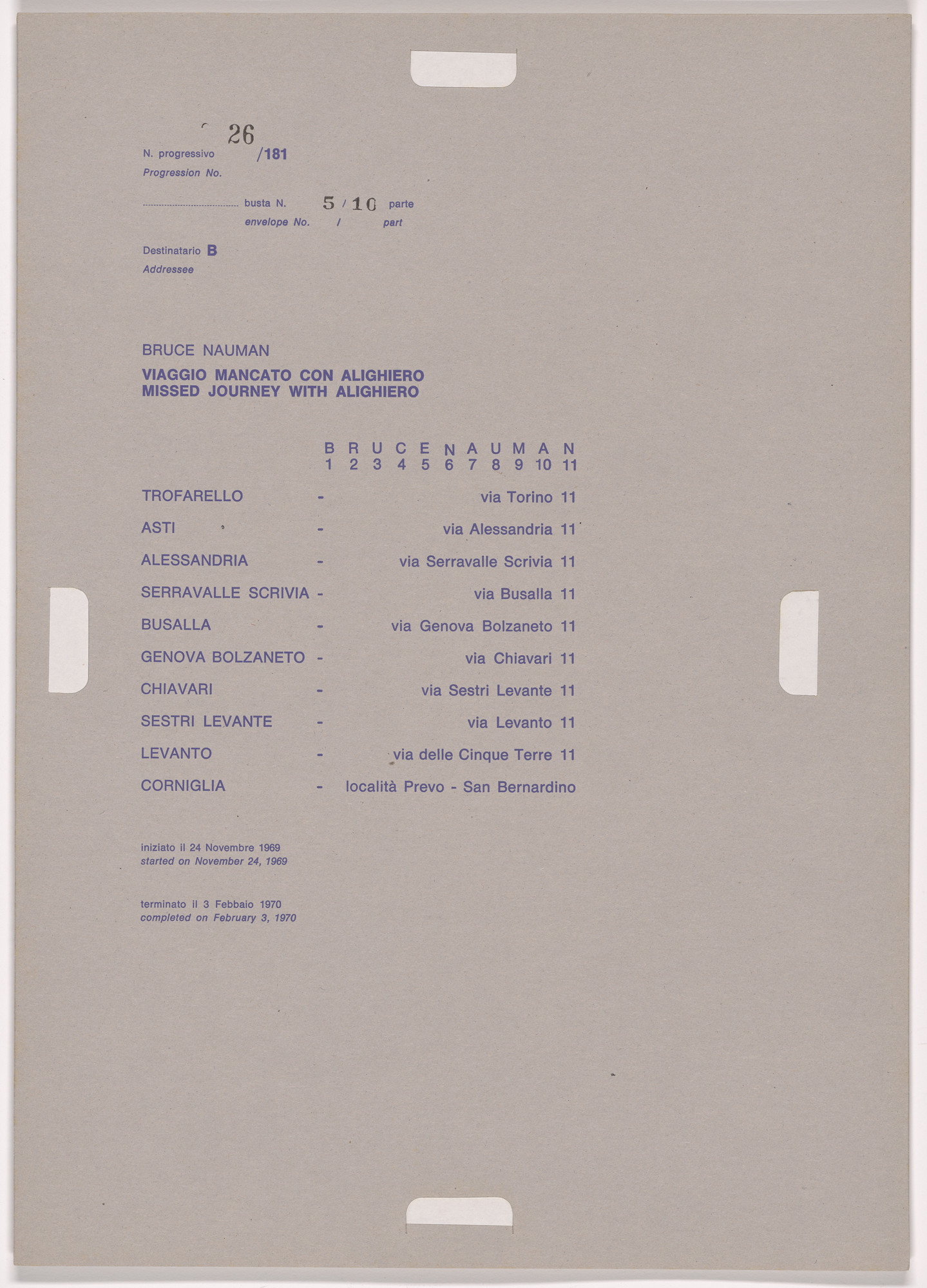 Alighiero Boetti. Progression No. 26 from Postal Dossier (Dossier postale)