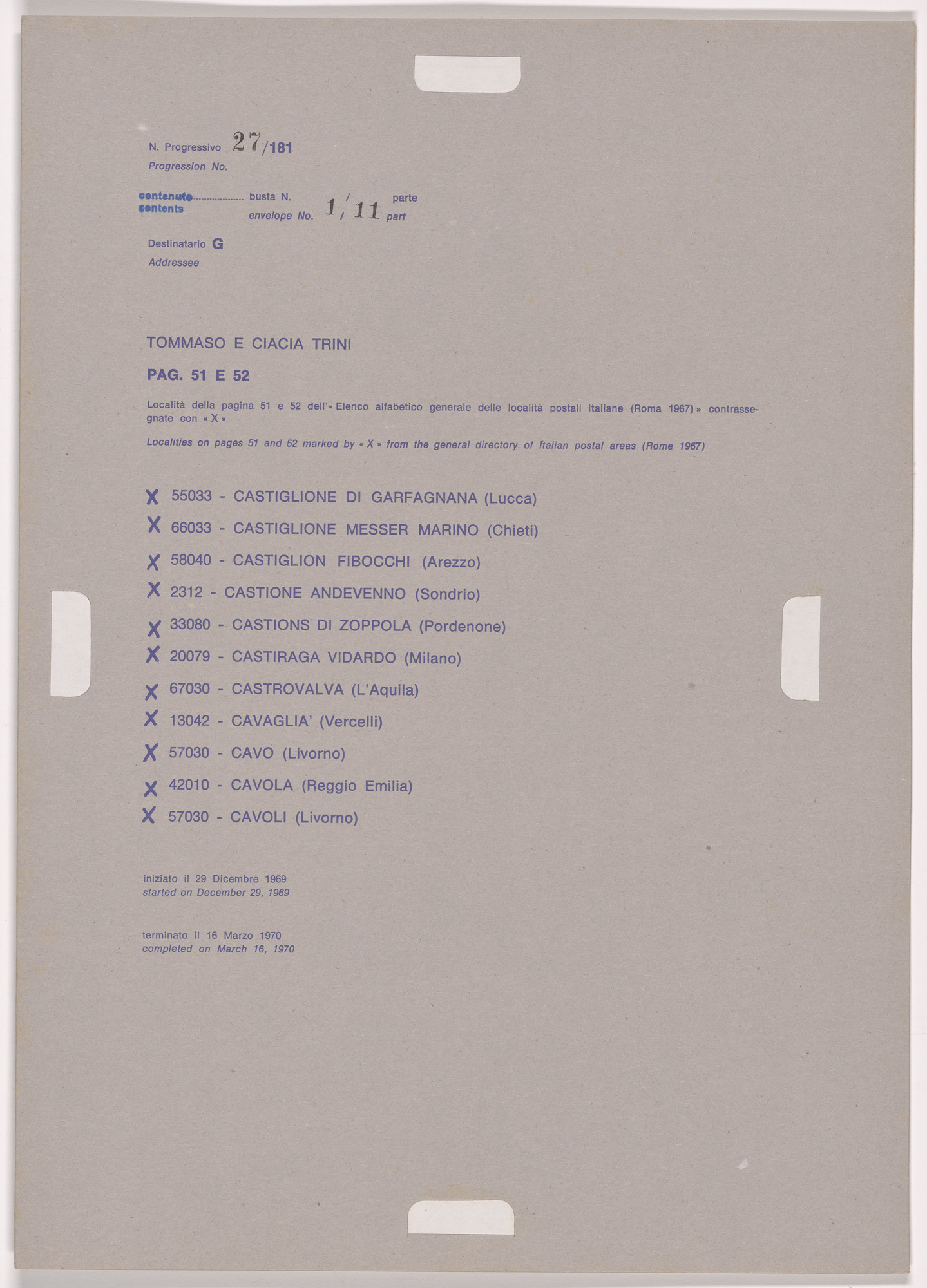 Alighiero Boetti. Progression No. 27 from Postal Dossier (Dossier postale)