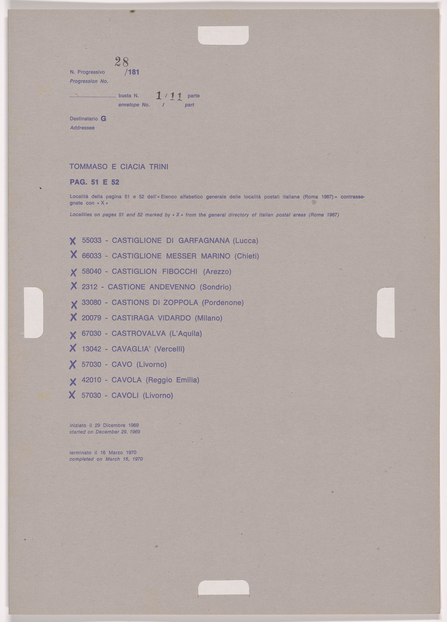 Alighiero Boetti. Progression No. 28 from Postal Dossier (Dossier postale)