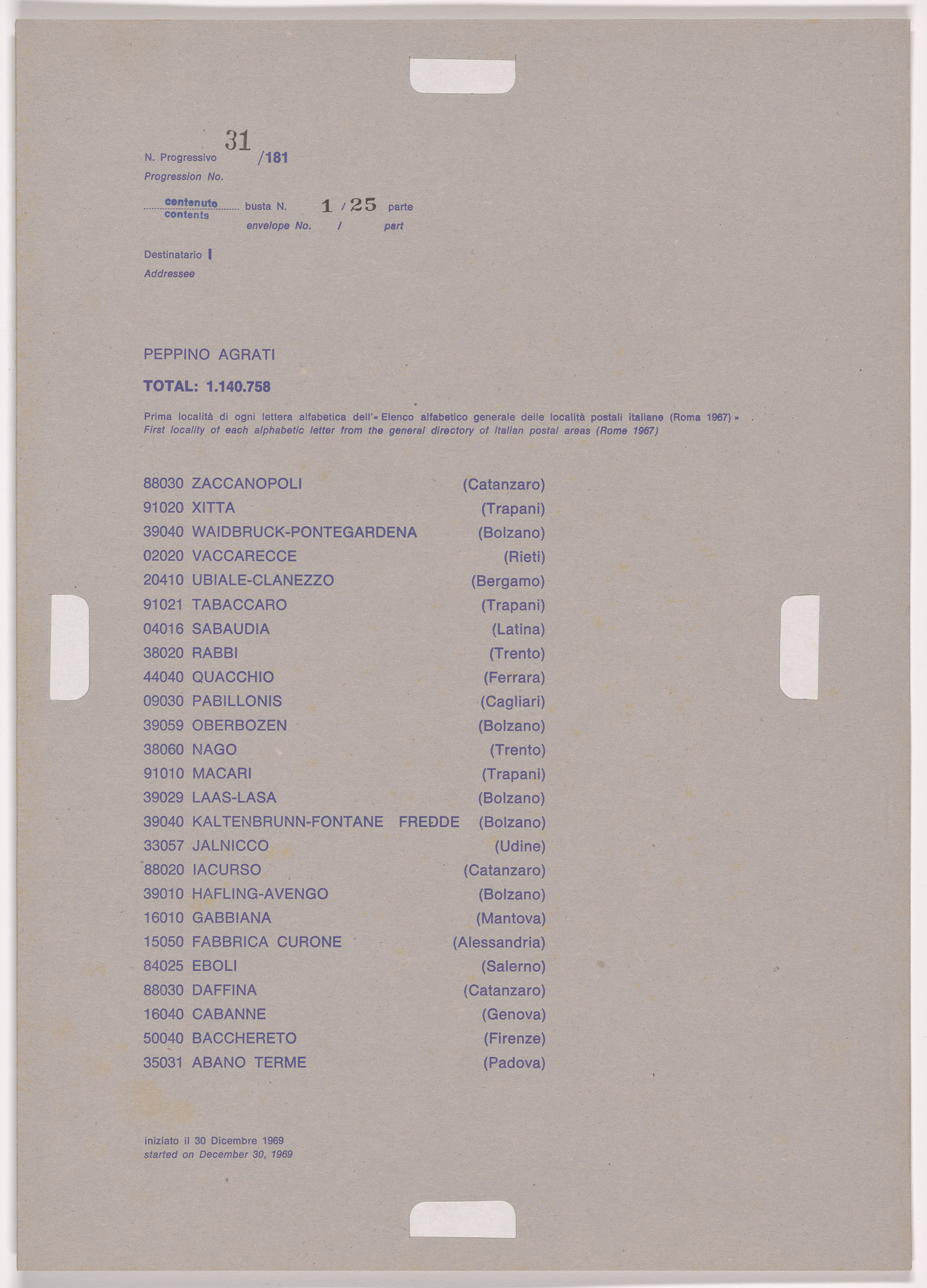 Alighiero Boetti. Progression No. 31 from Postal Dossier (Dossier postale)