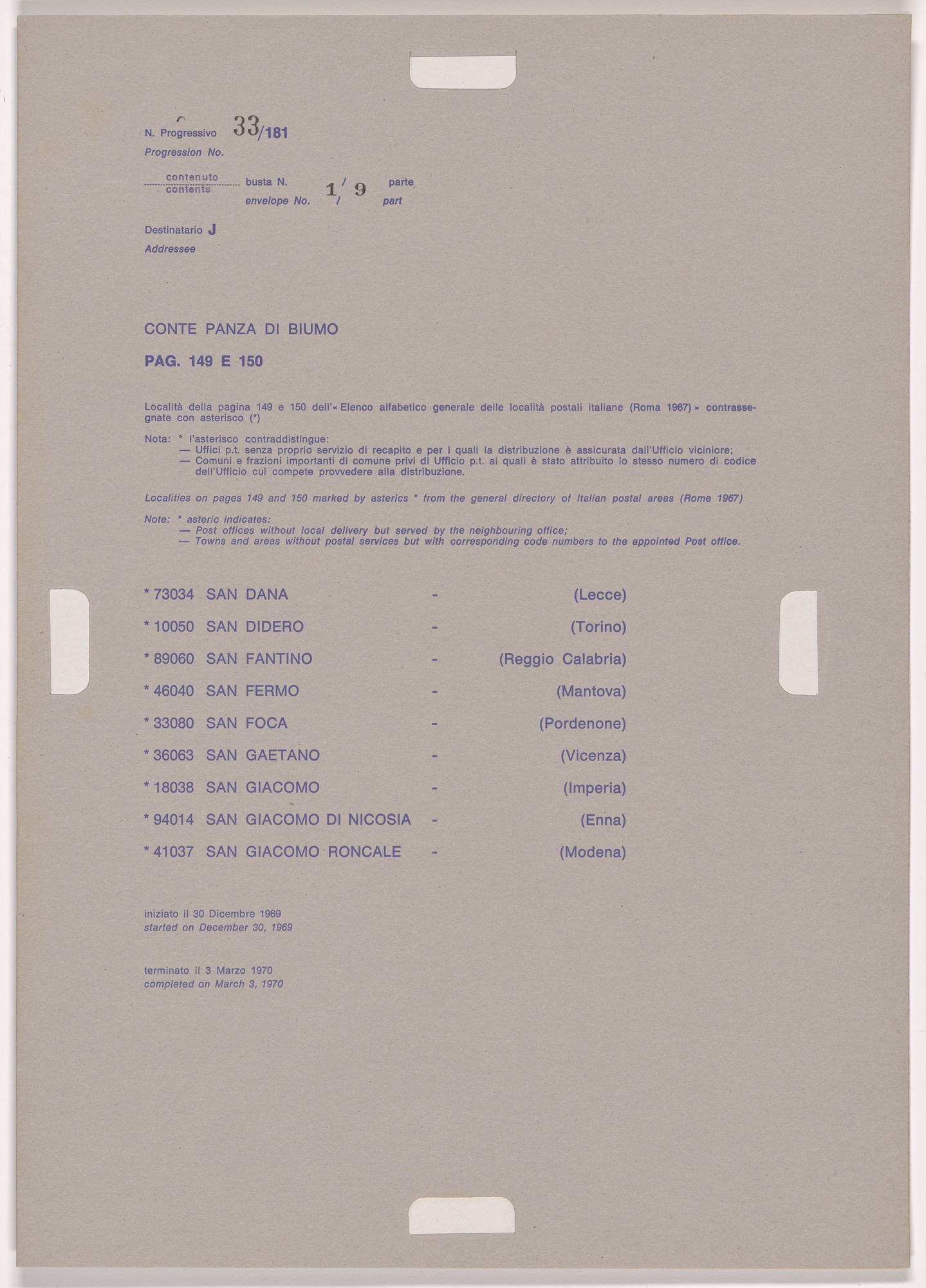 Alighiero Boetti. Progression No. 33 from Postal Dossier (Dossier postale)