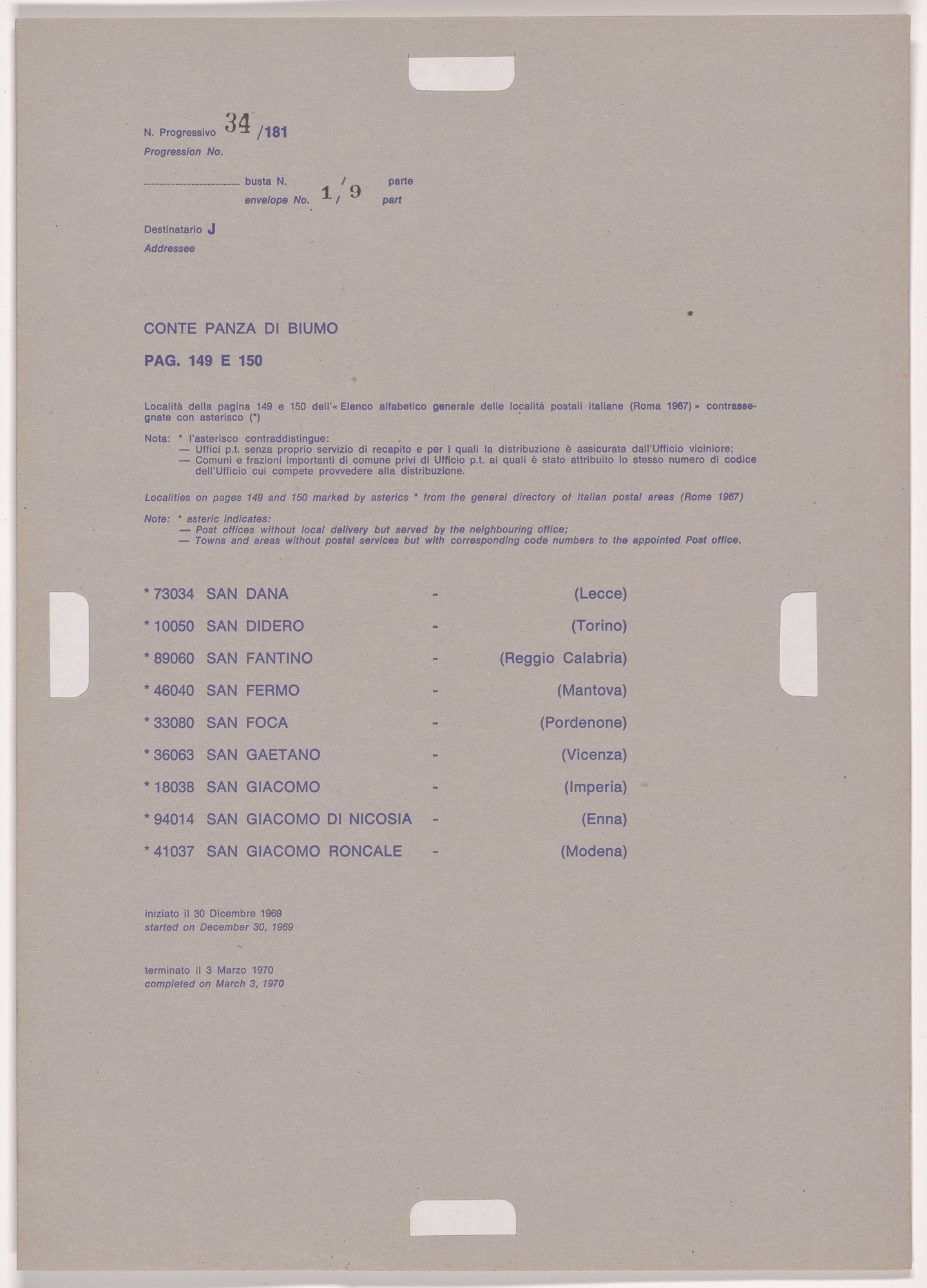 Alighiero Boetti. Progression No. 34 from Postal Dossier (Dossier postale)