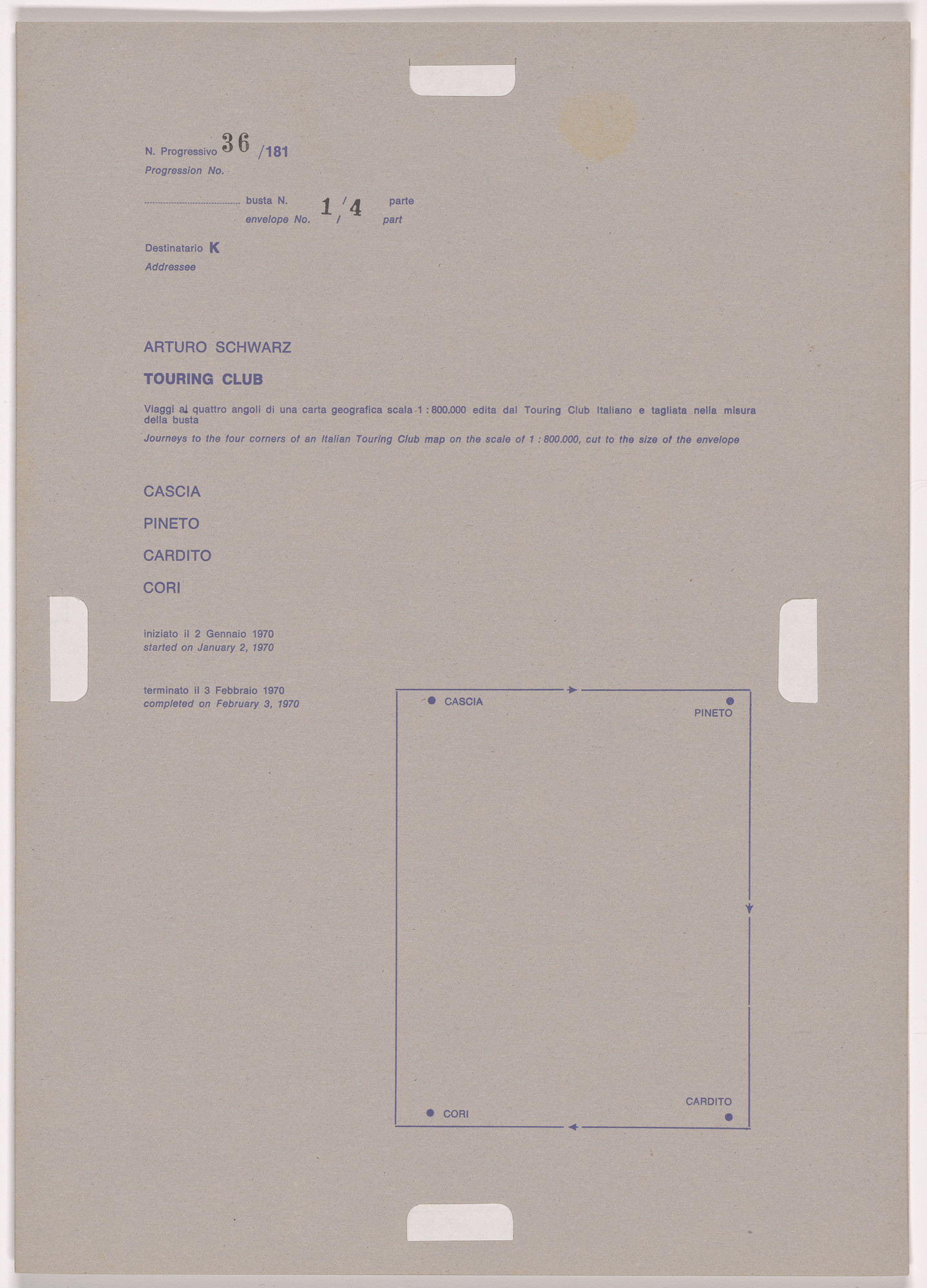 Alighiero Boetti. Progression No. 36 from Postal Dossier (Dossier postale)