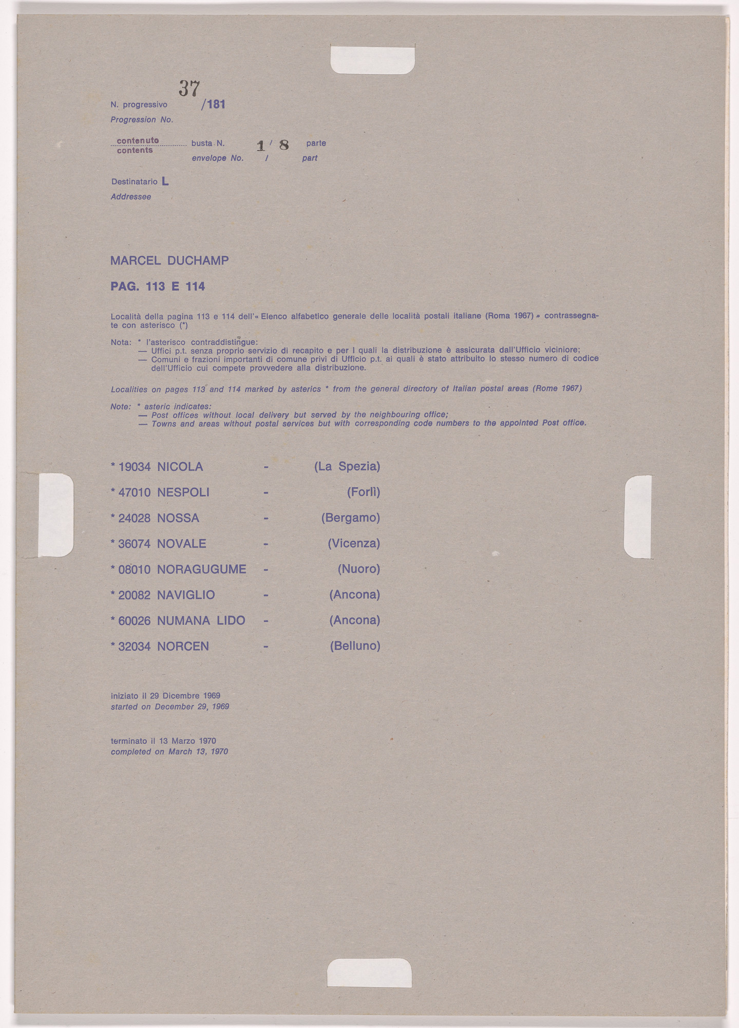 Alighiero Boetti. Progression No. 37 from Postal Dossier (Dossier postale)