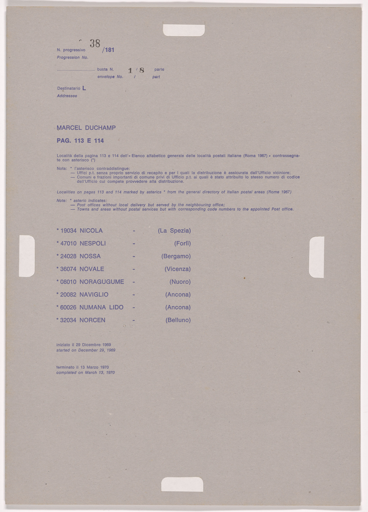 Alighiero Boetti. Progression No. 38 from Postal Dossier (Dossier postale)