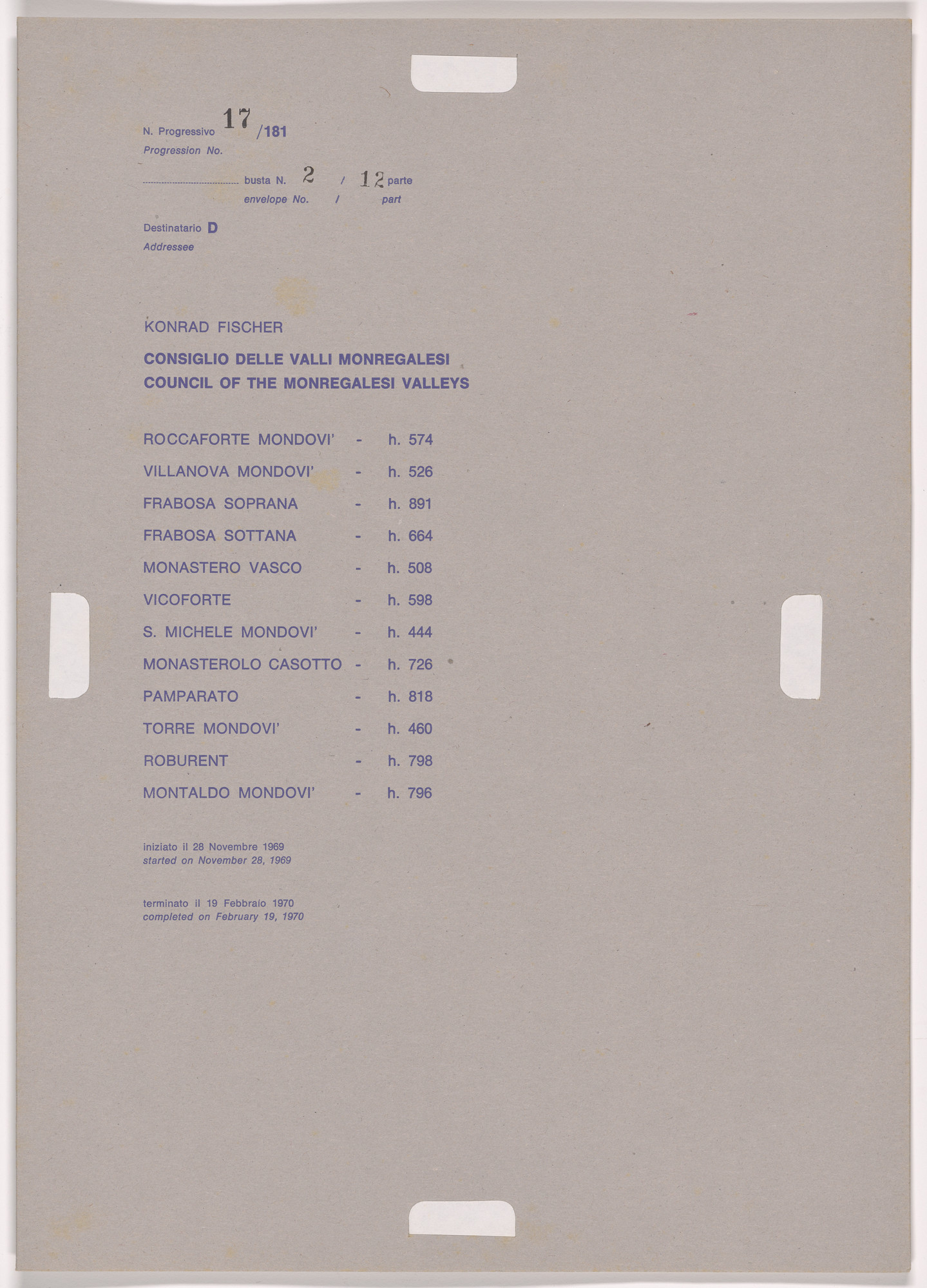 Alighiero Boetti. Progression No. 17 from Postal Dossier (Dossier postale)