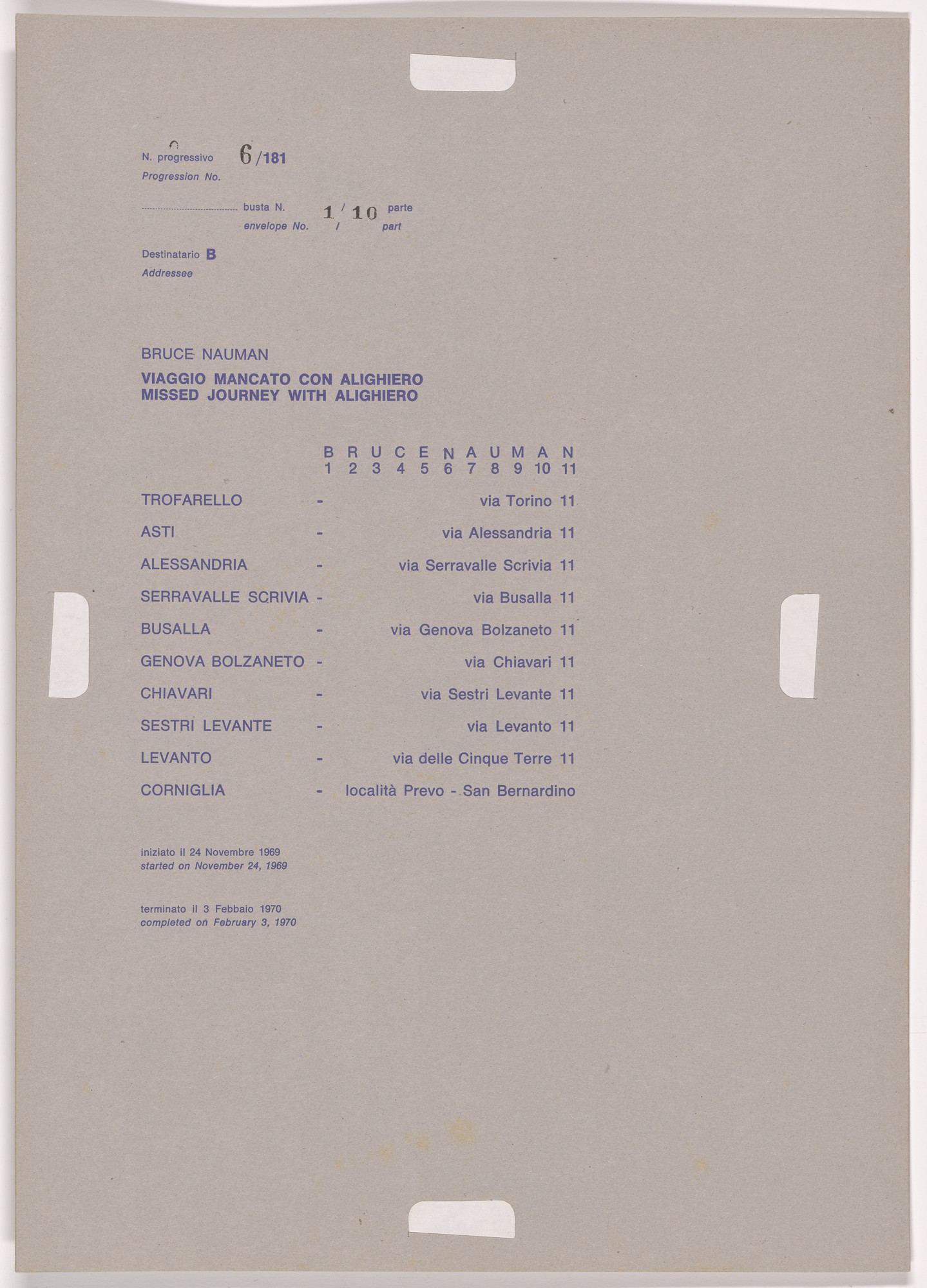 Alighiero Boetti. Progression No. 6 from Postal Dossier (Dossier postale)