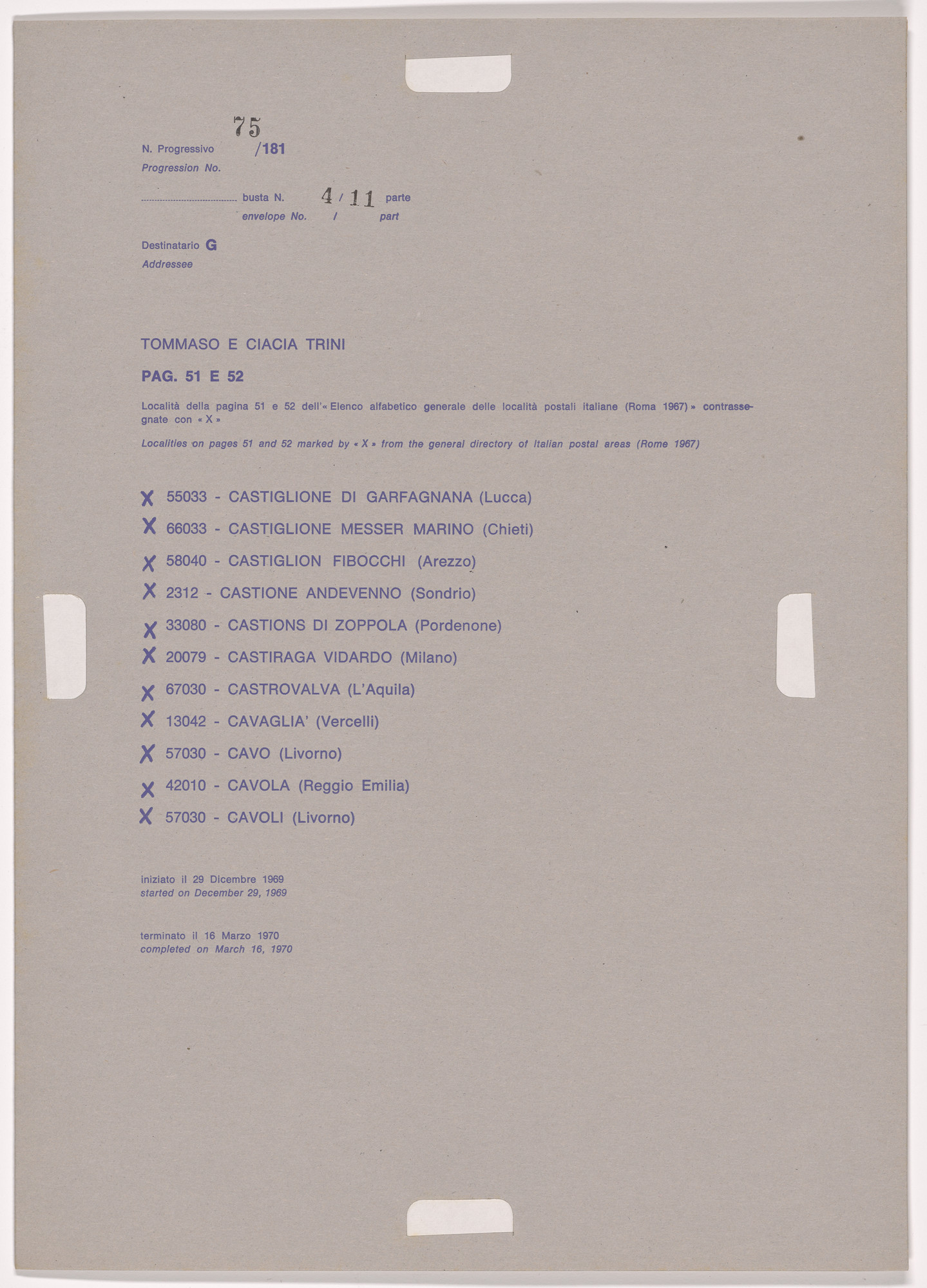 Alighiero Boetti. Progression No. 75 from Postal Dossier (Dossier postale)