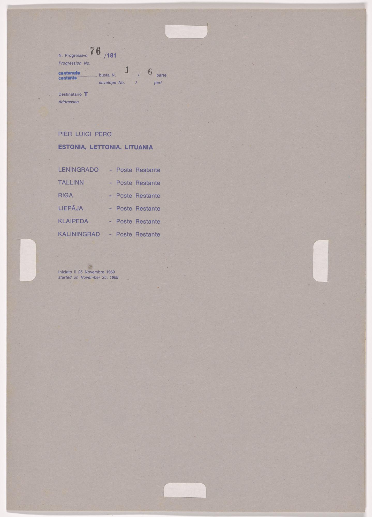 Alighiero Boetti. Progression No. 76 from Postal Dossier (Dossier postale)