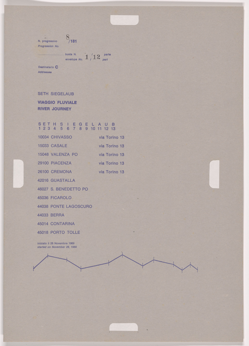 Alighiero Boetti. Progression No. 8 from Postal Dossier (Dossier postale). 1969-70