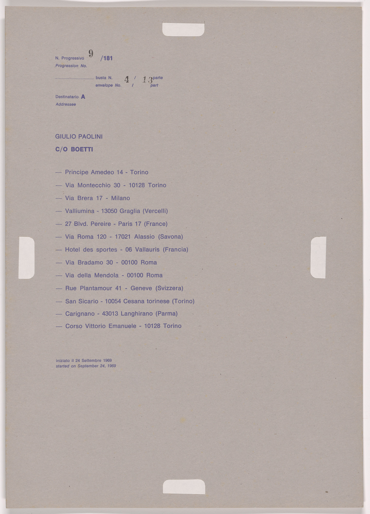 Alighiero Boetti. Progression No. 9 from Postal Dossier (Dossier postale)