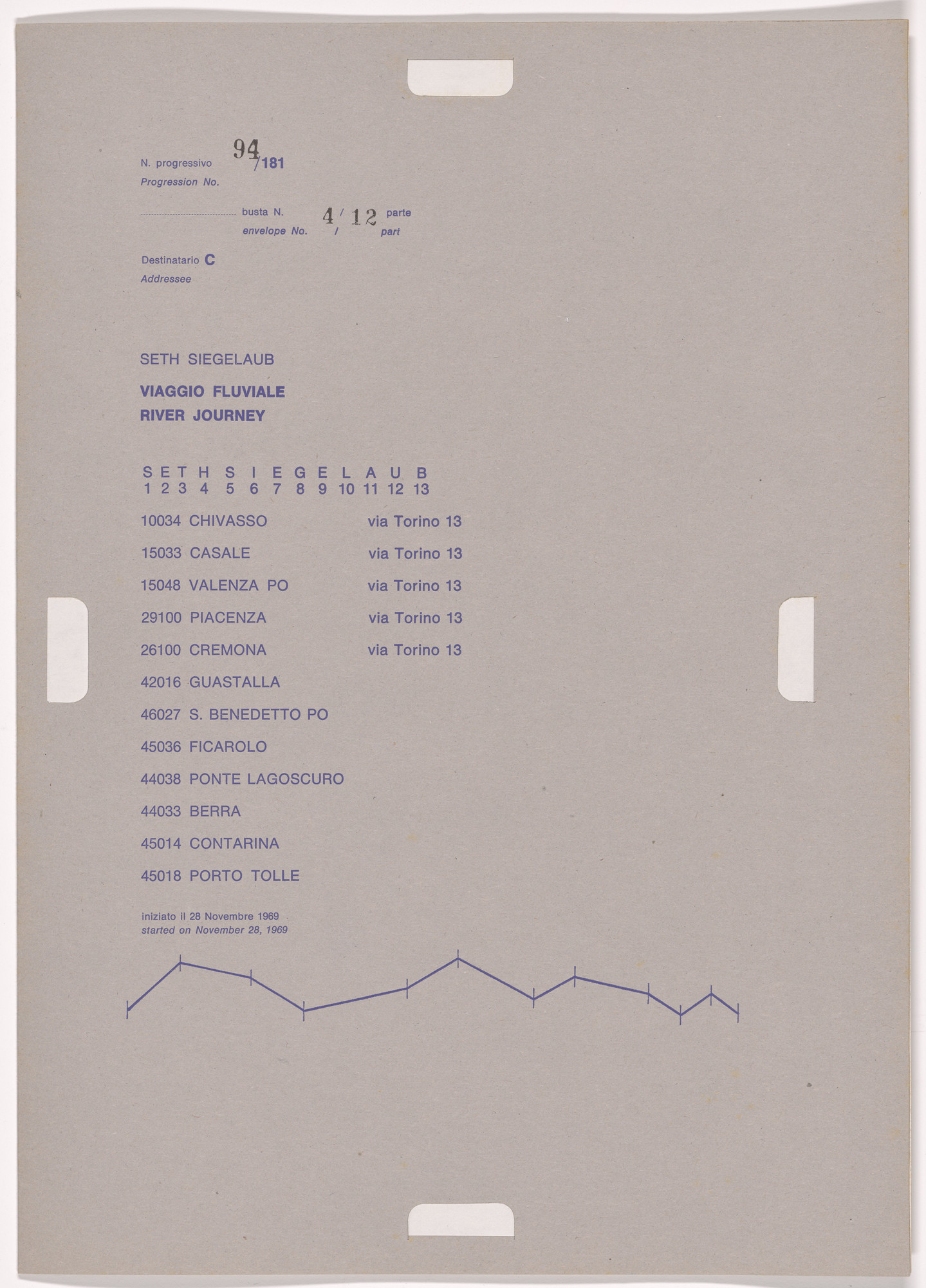 Alighiero Boetti. Progression No. 94 from Postal Dossier (Dossier postale)