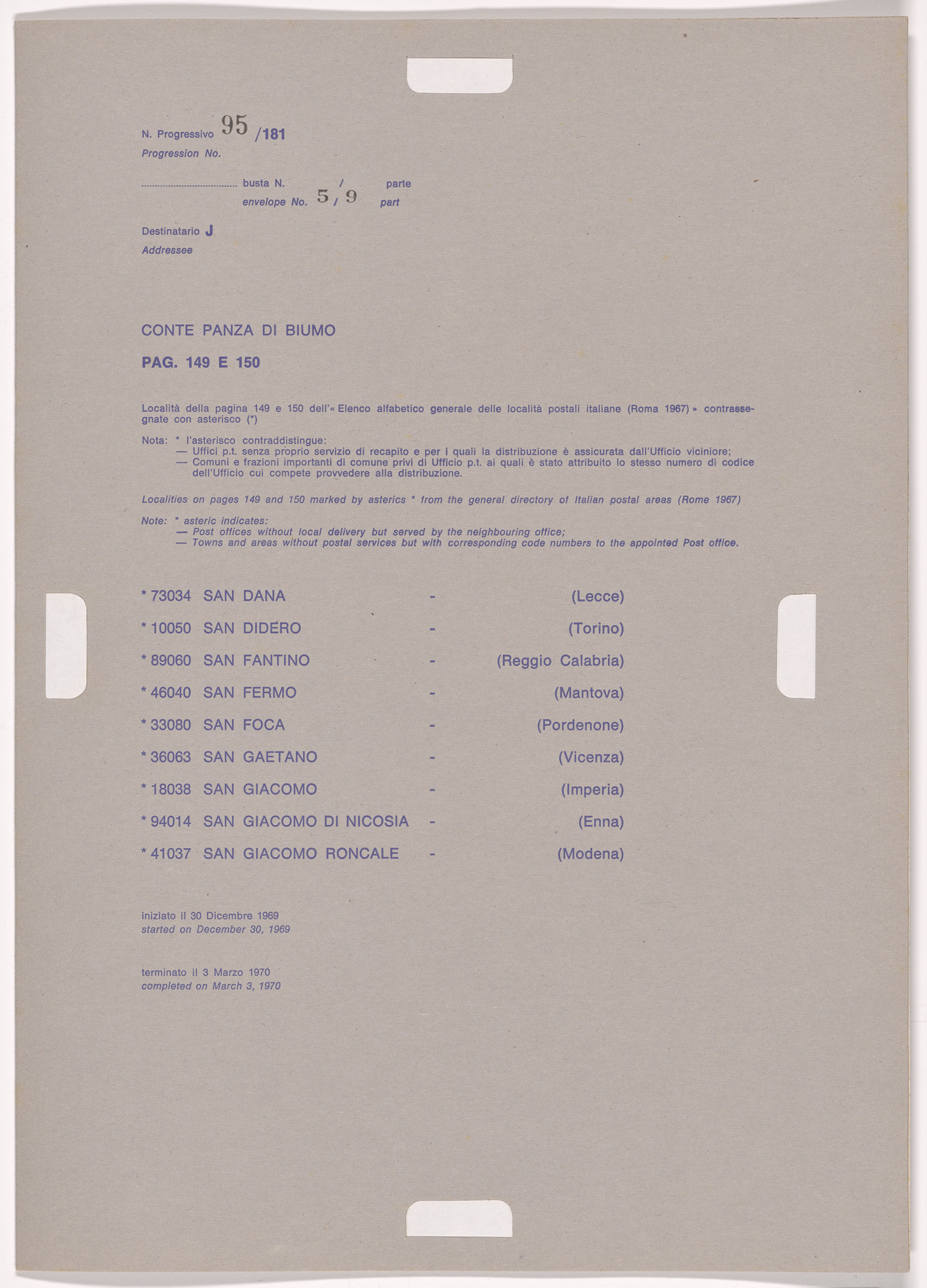 Alighiero Boetti. Progression No. 95 from Postal Dossier (Dossier postale)