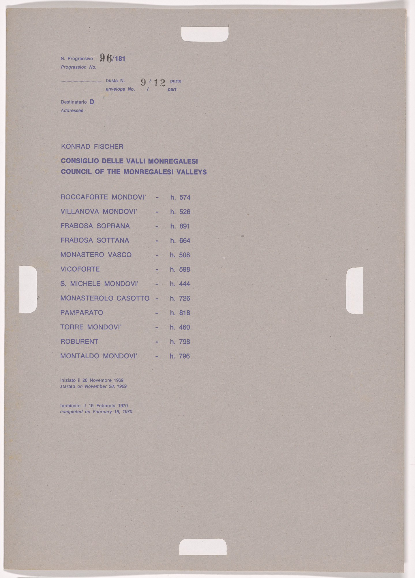 Alighiero Boetti. Progression No. 96 from Postal Dossier (Dossier postale)