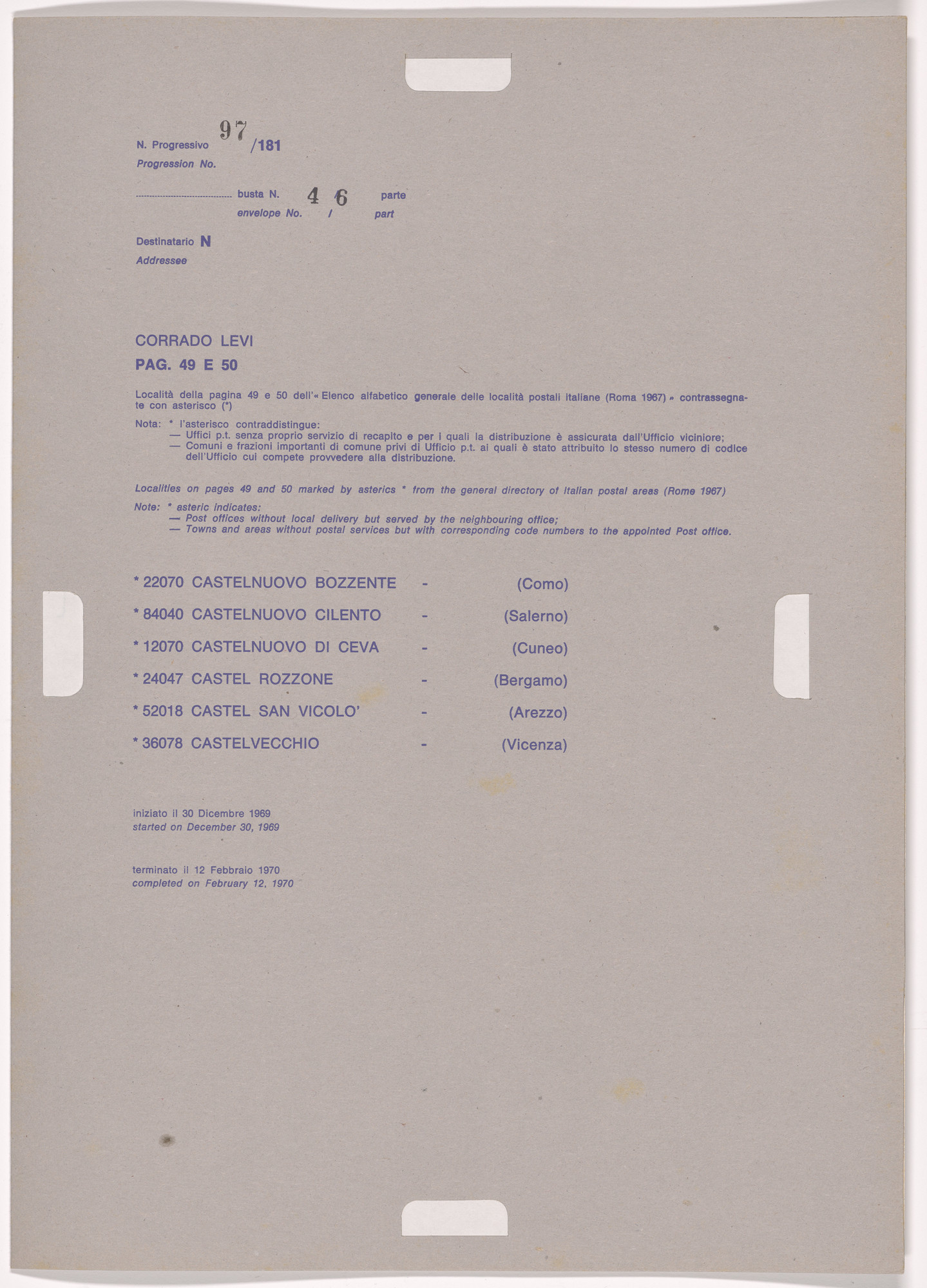 Alighiero Boetti. Progression No. 97 from Postal Dossier (Dossier postale)