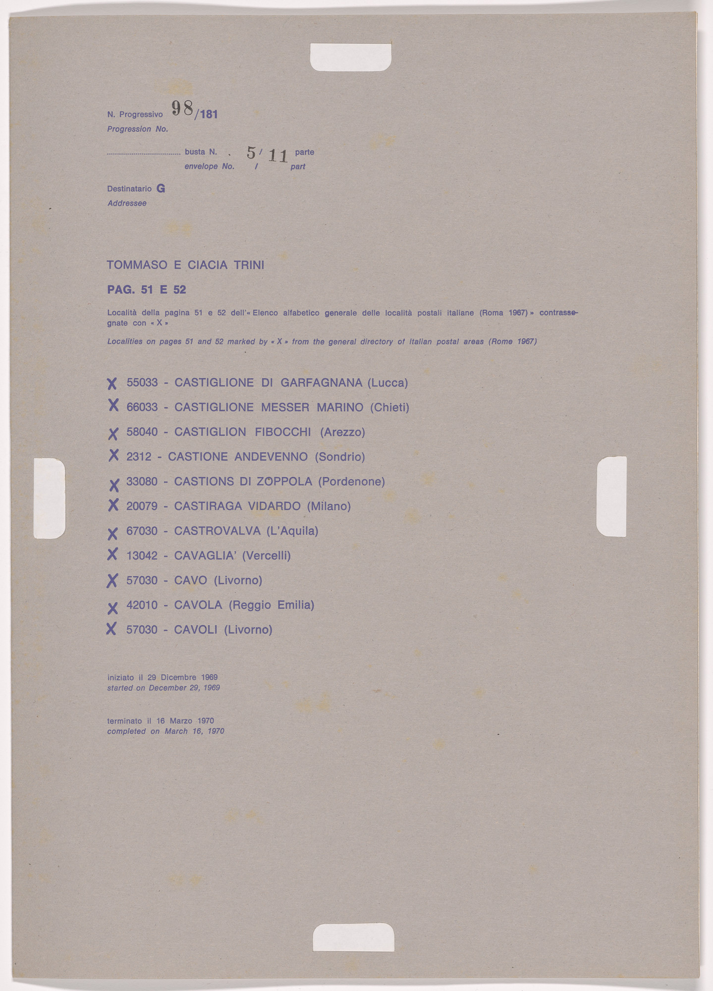 Alighiero Boetti. Progression No. 98 from Postal Dossier (Dossier postale)