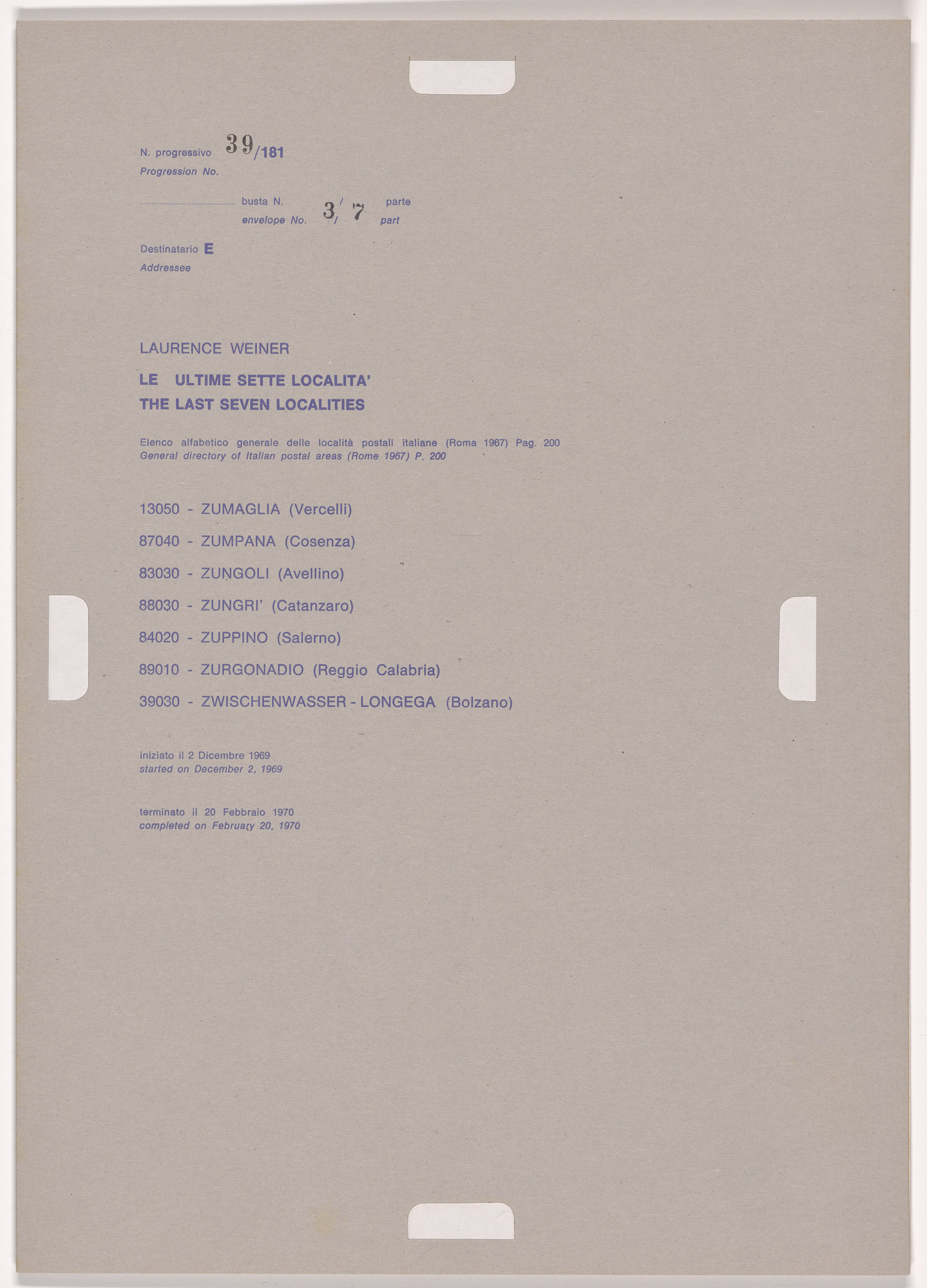 Alighiero Boetti. Progression No. 39 from Postal Dossier (Dossier postale)
