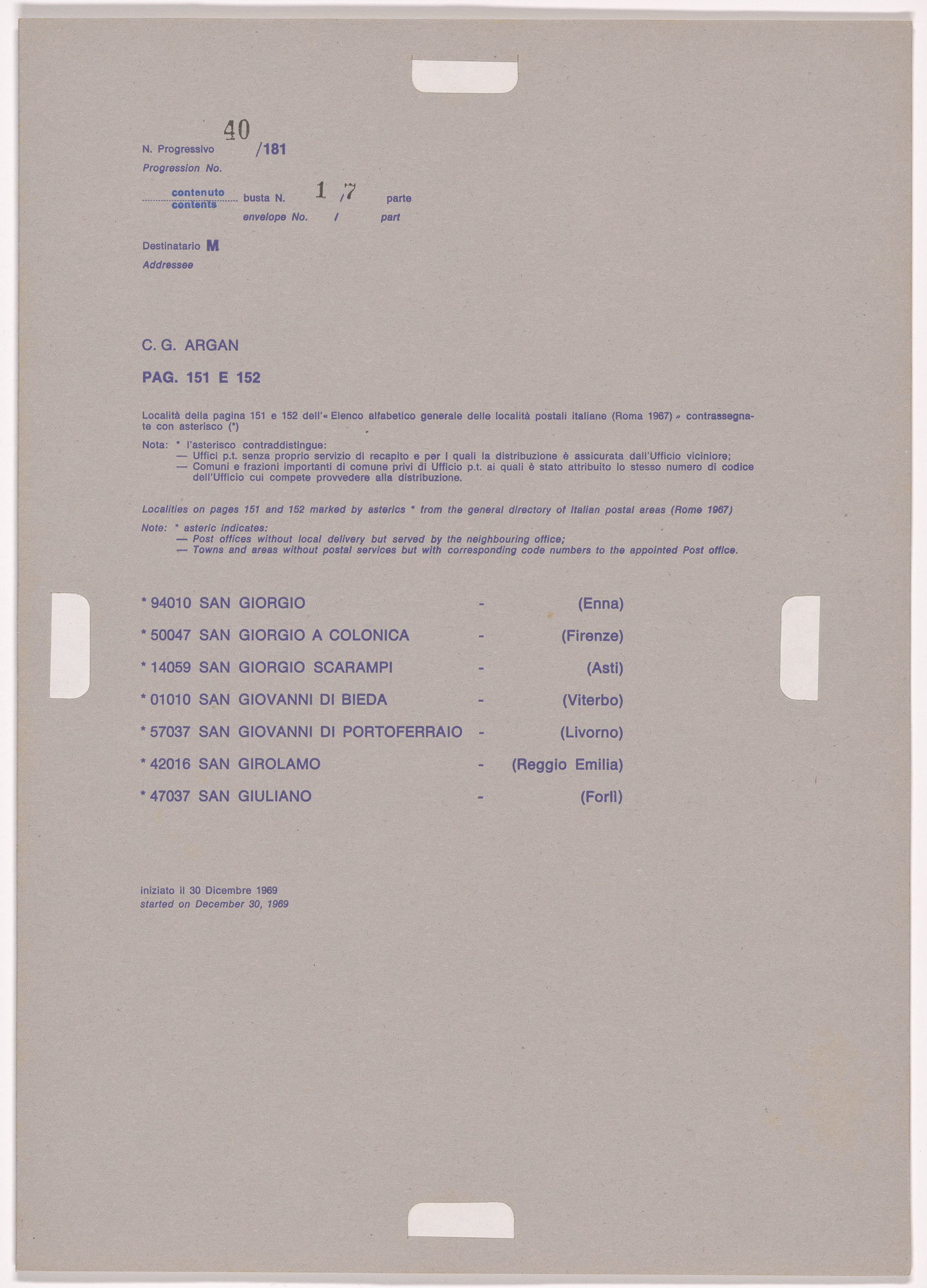 Alighiero Boetti. Progression No. 40 from Postal Dossier (Dossier postale)