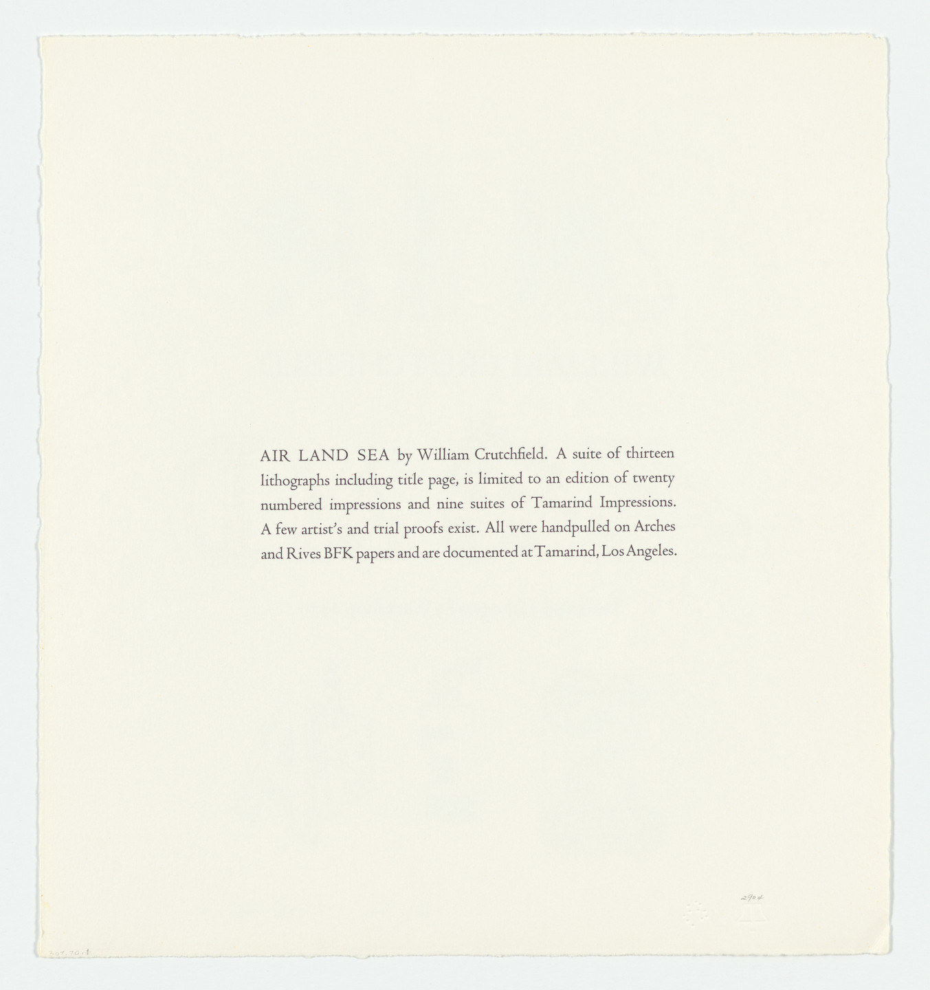 William Crutchfield. Air Land Sea Alphabet (Title page) from Air Land Sea. 1970