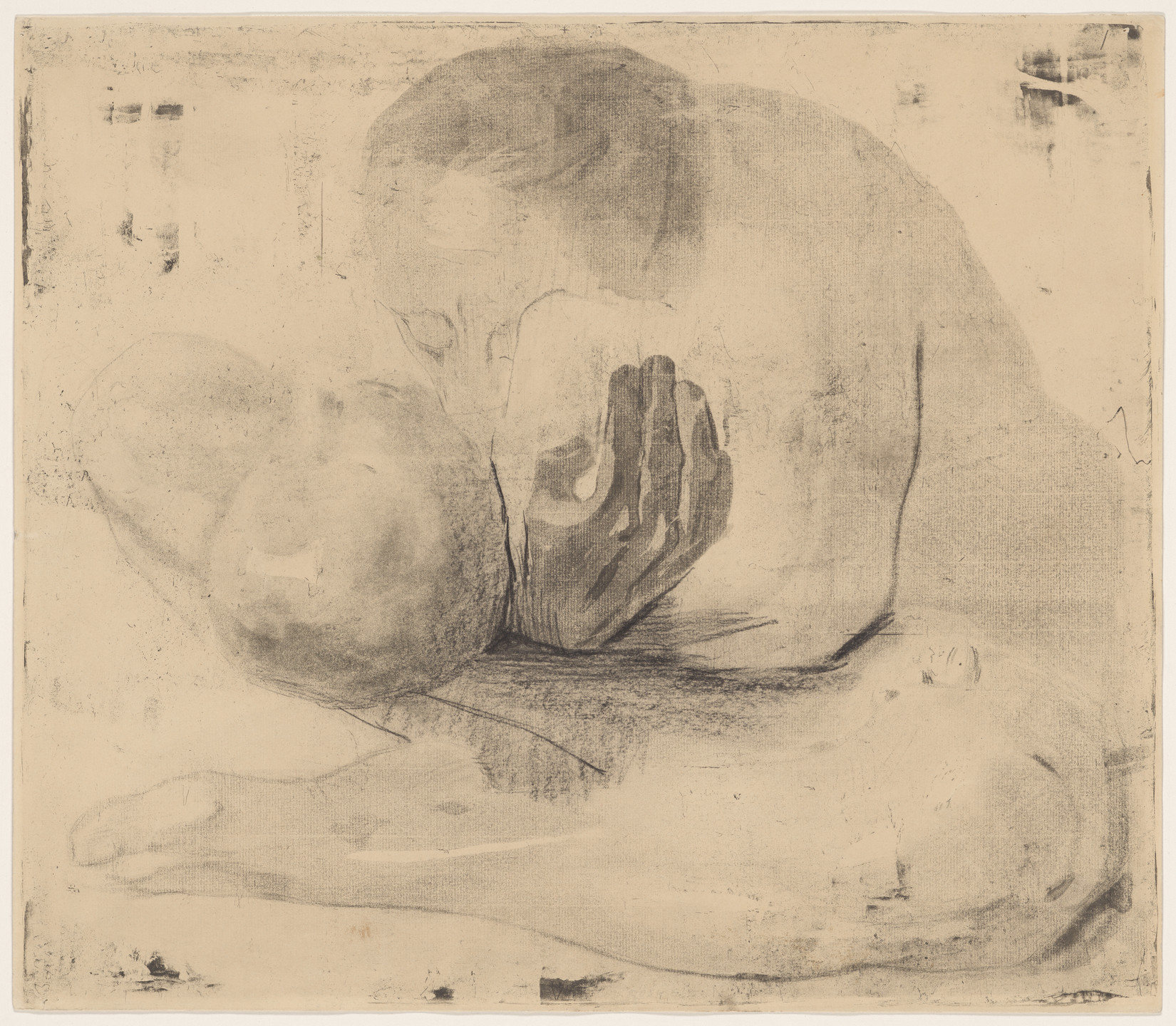 The image shows two human figures lying down closely embracing, with one figure holding the face of the other. The predominant colors are beige and varying shades of gray. This is an AI generated description. To give feedback, email ai@moma.org.