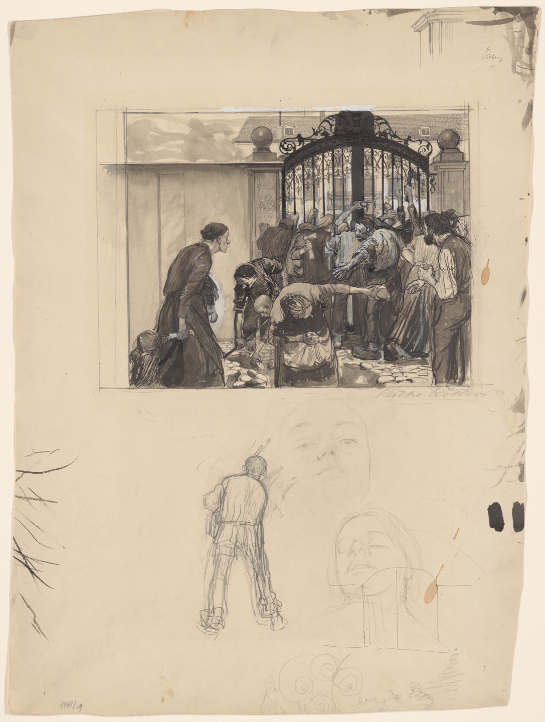 A group of people are gathered in front of ornate iron gates, with some picking up items from the ground. Below the scene, there are pencil sketches of a person standing, and two faces. Predominant colors are gray and black with white background. This is an AI generated description. To give feedback, email ai@moma.org.