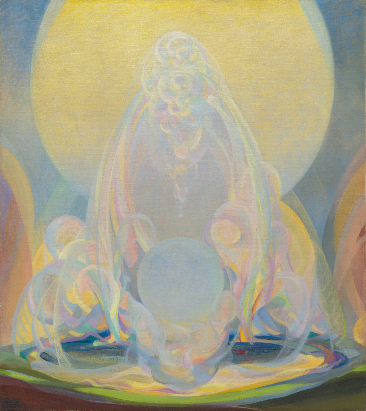 The image features soft, swirling shapes in pastel colors, including shades of yellow, blue, pink, and green, converging around a central circular form. The background is dominated by a large, yellow, radiant circle. This is an AI generated description. To give feedback, email ai@moma.org.
