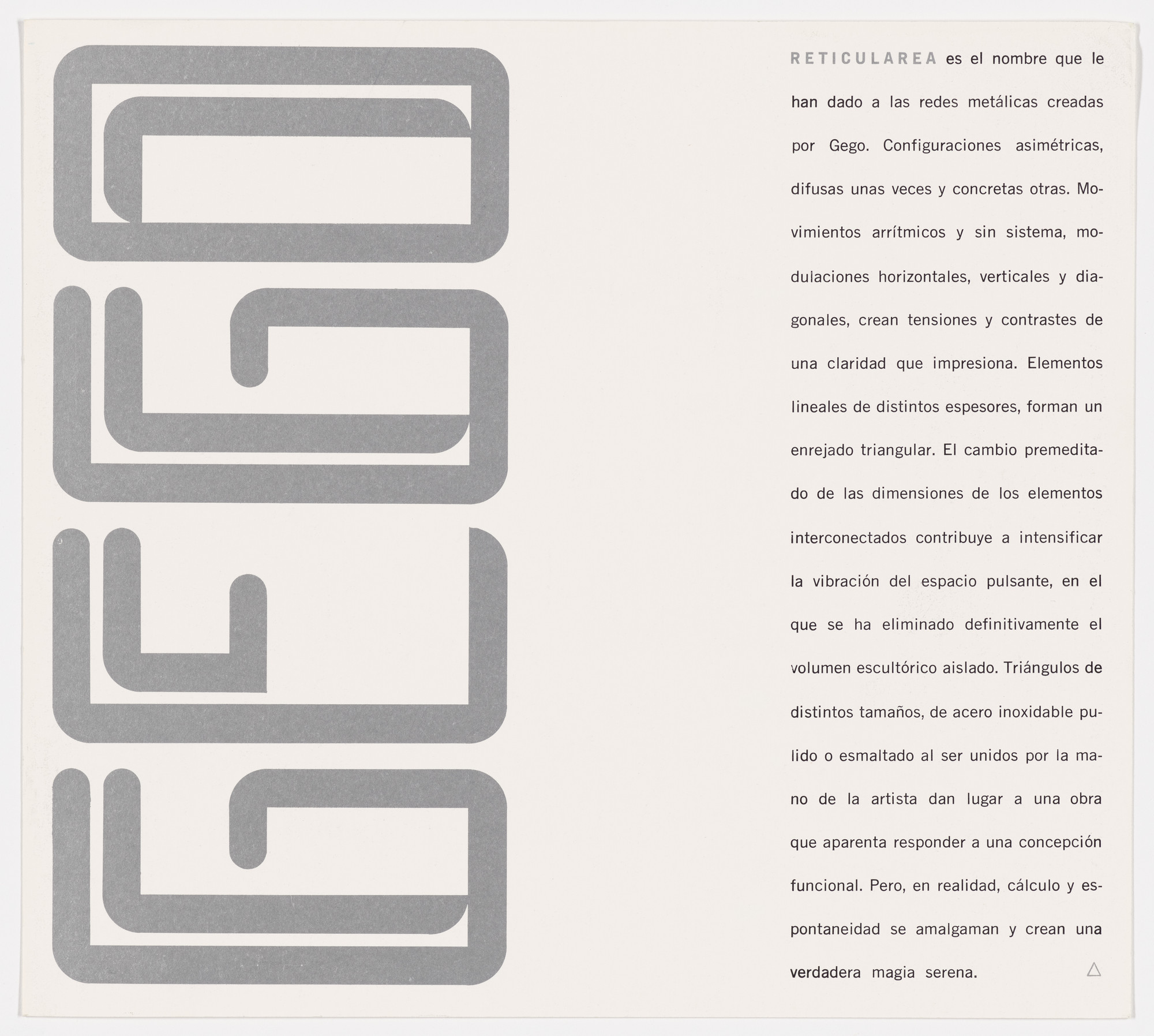 Gerd Leufert. Catalogue for an exhibition of works by Gego, Museo de Bellas Artes, Caracas, Venezuela