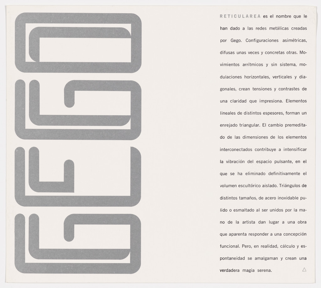 Catalogue for an exhibition of works by Gego, Museo de Bellas Artes, Caracas, Venezuela