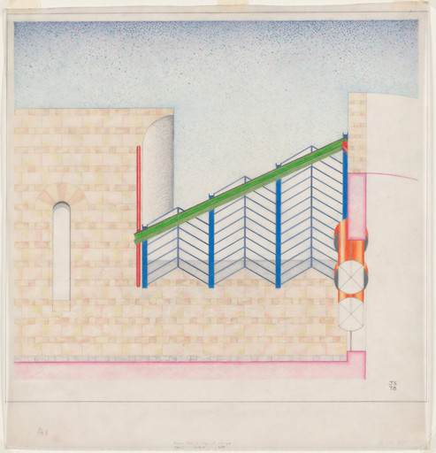 Staatsgalerie Stuttgart 
Stuttgart, Germany 
Elevation of gallery entrance and perspective of canopy from below