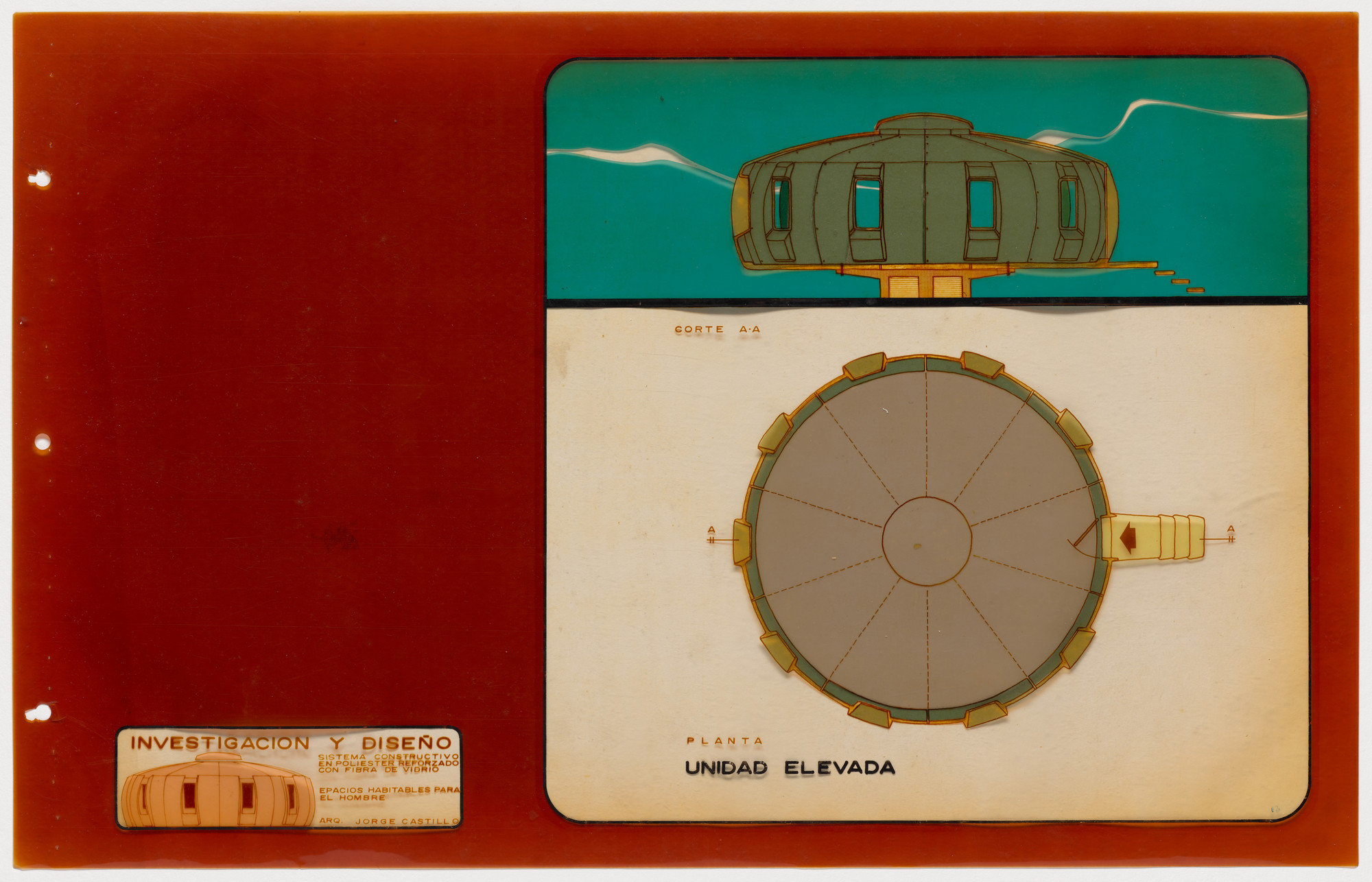 The image shows a technical drawing of a cylindrical structure with multiple rectangular windows and a staircase connected on the right. The predominant colors are cyan, brown, and cream. This is an AI generated description. To give feedback, email ai@moma.org.