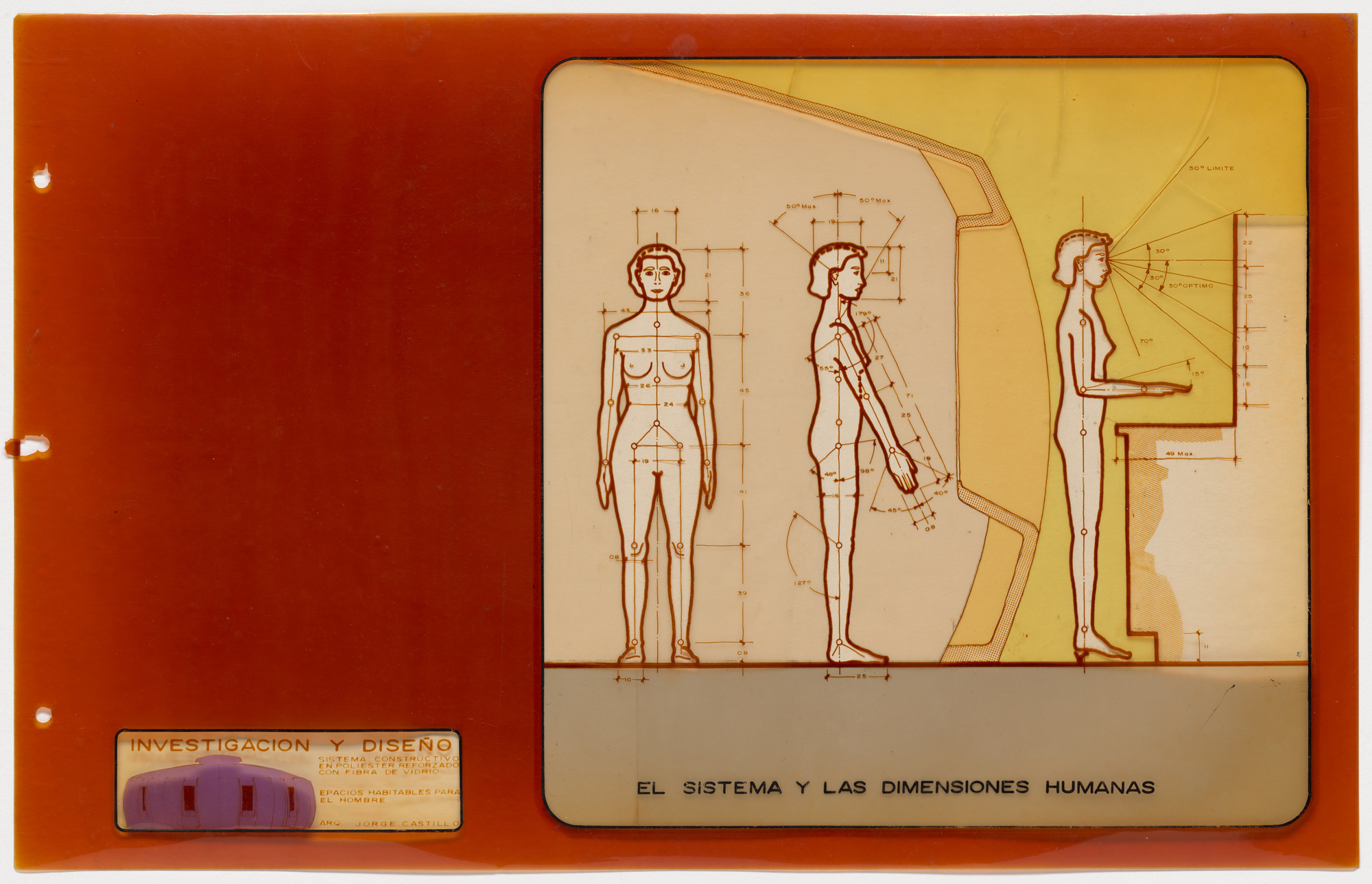 A diagram on an orange background shows a human figure standing in three profiles: front, side, and operating a console, with measurement lines throughout. The text at the bottom reads &#34;EL SISTEMA Y LAS DIMENSIONES HUMANAS.&#34; This is an AI generated description. To give feedback, email ai@moma.org.