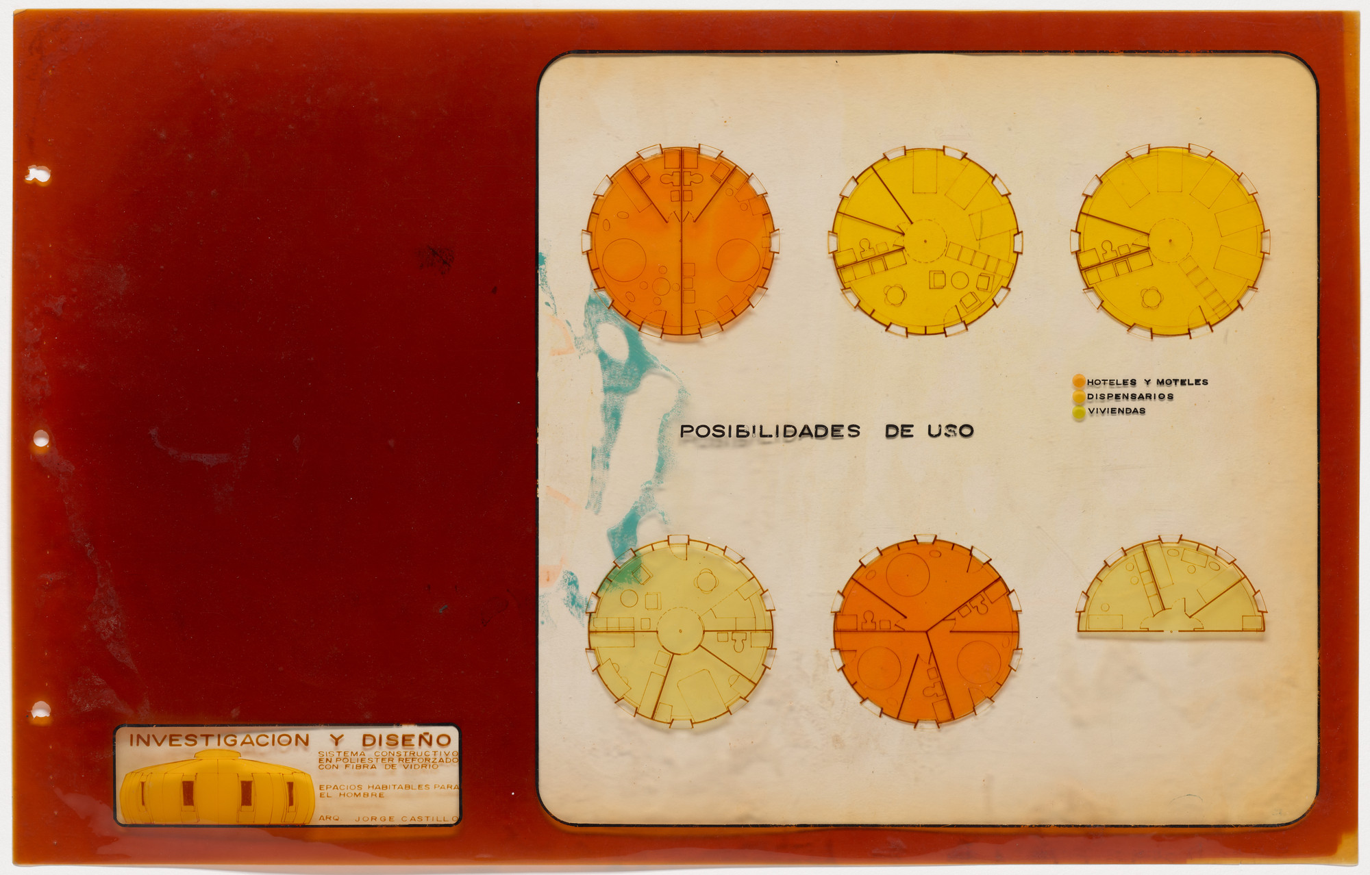A drawing shows six circular diagrams in shades of orange and yellow against a white background. Labels in Spanish are on the side, and the image is bordered in dark red with text in the bottom left corner. This is an AI generated description. To give feedback, email ai@moma.org.