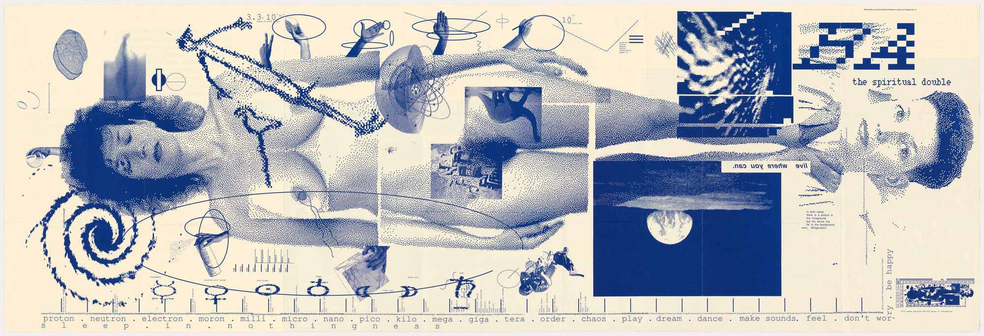 The image features various overlapping elements, including human figures, a brain, a spiral, and geometric shapes. Predominant colors are blue and off-white, with text and pixel-like patterns scattered throughout. This is an AI generated description. To give feedback, email ai@moma.org.