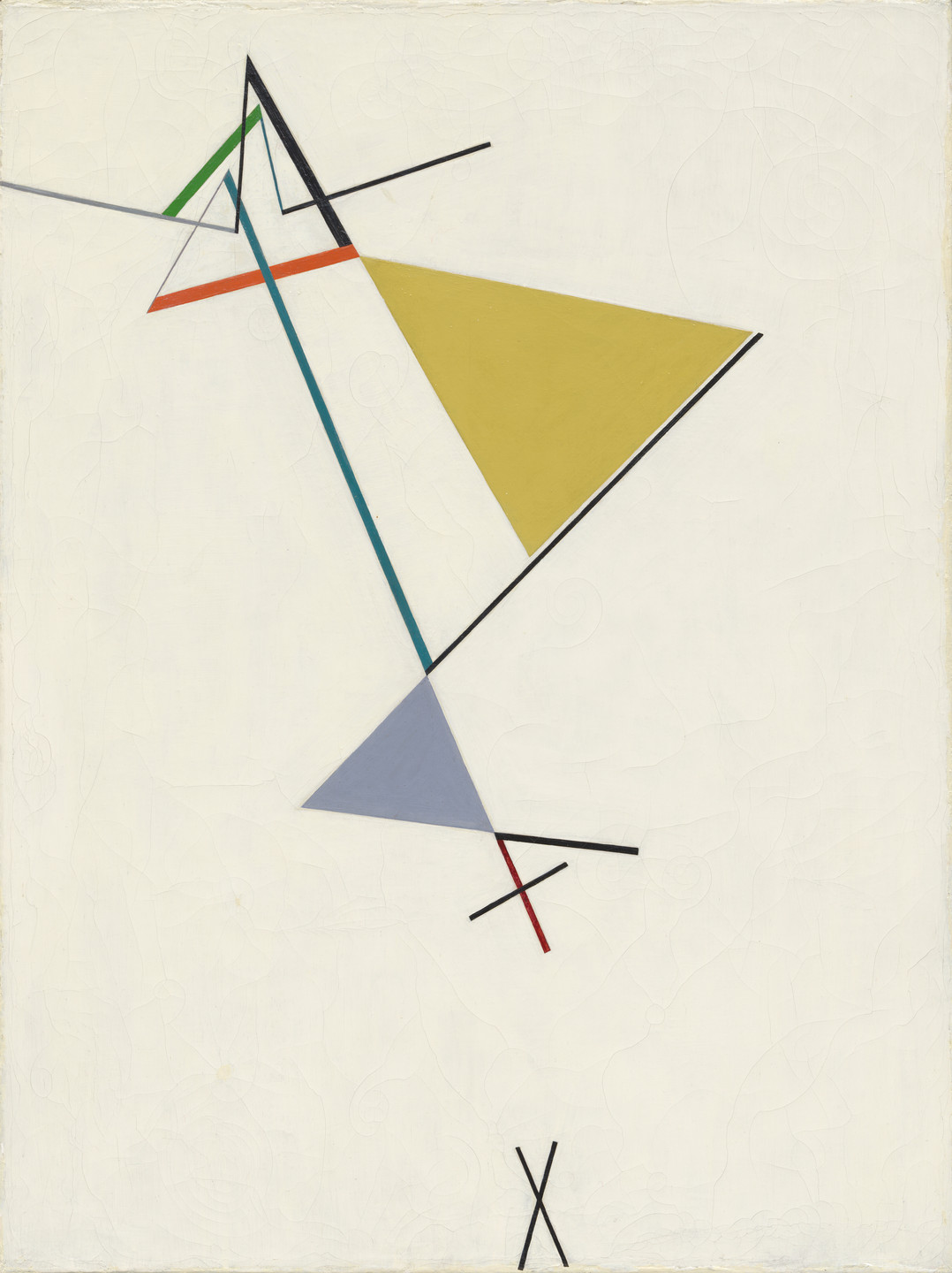 The image features intersecting lines and geometric shapes on a white background, including a yellow triangle and a gray triangle. Lines are black, red, green, and blue, with some forming an &#34;X&#34; near the bottom. This is an AI generated description. To give feedback, email ai@moma.org.