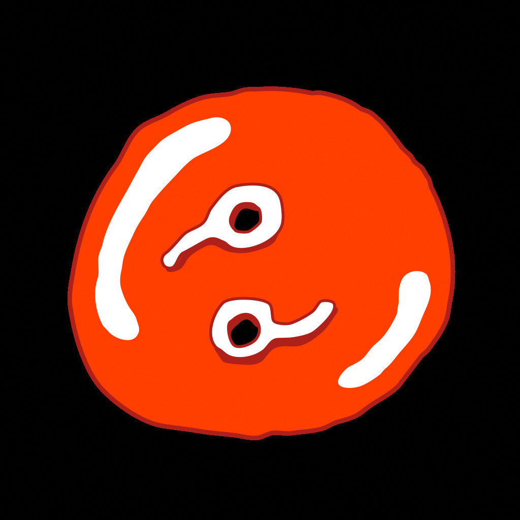 A bright red circle with two white shapes resembling eyes and two curved white lines on a black background. The white shapes and lines are unevenly distributed around the circle. This is an AI generated description. To give feedback, email ai@moma.org.