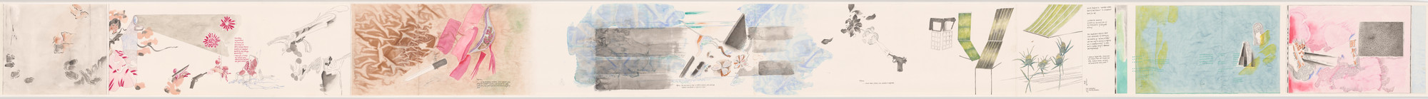 A long, horizontal artwork featuring various scenes with pink, blue, green, brown, and gray areas. It includes geometric shapes, plants, figures, and objects scattered throughout. This is an AI generated description. To give feedback, email ai@moma.org.