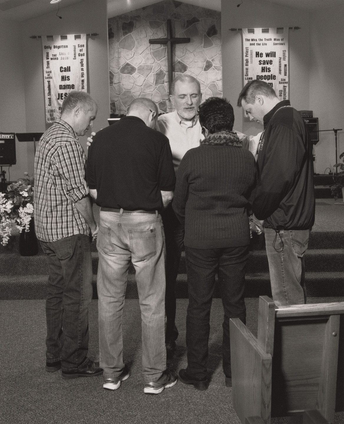 LaToya Ruby Frazier. Prayer Service at the Cortland Trinity Baptist Church for GM workers, their families, and Trumbull County region (Dave Green, Pamela Brown, Norm Perry and Dave Hake receiving prayer from Pastor Dan Barker), Cortland, OH. 2019