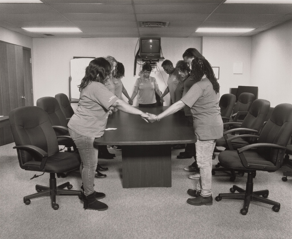 Women’s Committee final gathering inside their conference room at UAW Local 1112 Reuther Scandy Alli union hall (left to right, Crystal Carpenter, Linda Hash, Trisha Brown, RaNeal Edwards, Pamela Brown, Marilyn Moore, MaryOla Stemple, Tunisha Bell, and Francis Turnage), Lordstown, OH, LaToya Ruby Frazier, 2019