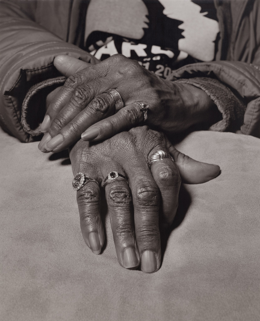 Marilyn Moore, UAW Local 1112, Women’s Committee and Retiree Executive Board, with her General Motors company retirement gold ring on her index finger, (Youngstown Sheet & Tube Co., Lear Seating Corp., 32 years in at GM Lordstown Complex, assembly plant, van plant, metal fab, trim shop), Youngstown, OH, 2019 from The Last Cruze