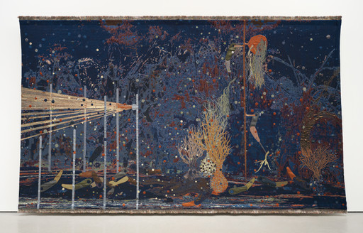 A painting featuring deep blues and purples with scattered, multicolored dots. Central figures include vertical lines and organic shapes, resembling plants in the foreground. This is an AI generated description. To give feedback, email ai@moma.org.