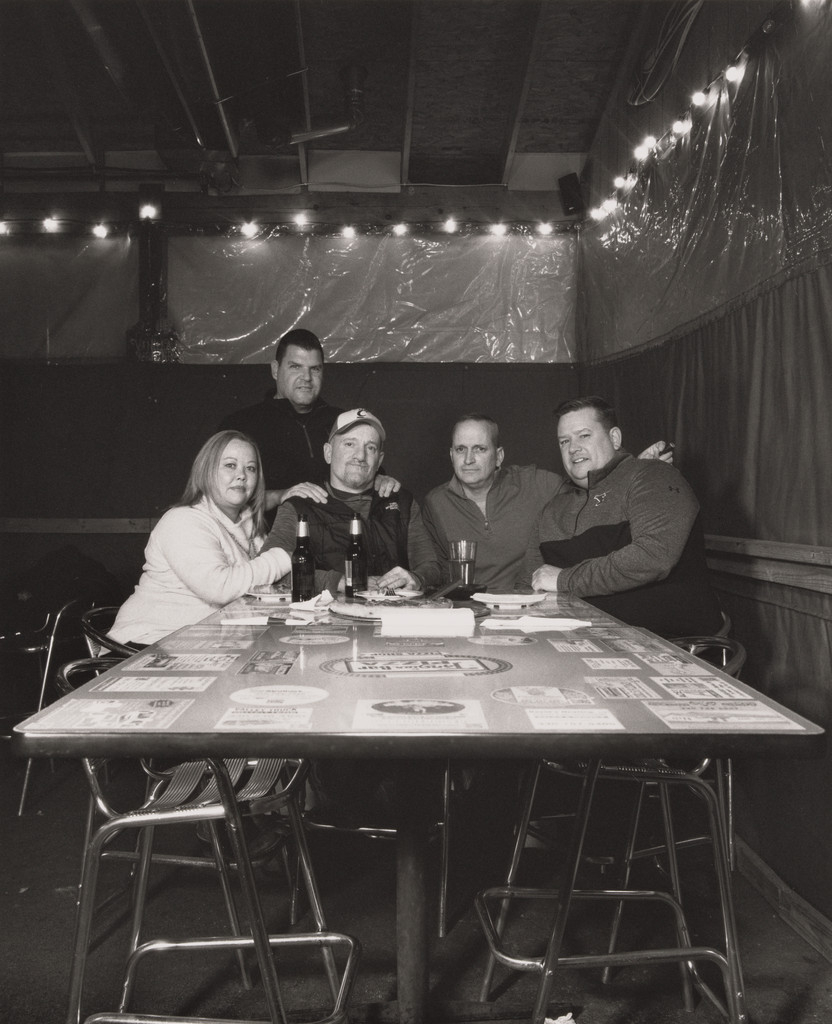 Robert M. Defelice, UAW Local 1112, with his wife Christina and his childhood best friends Greg Hunter, Scott Morgan, and Steve Murphy at Tangier Bar & Pizza, (24 years in at GM Lordstown Complex, trim shop, quality inspection, paint specialist), Struthers, OH, 2019