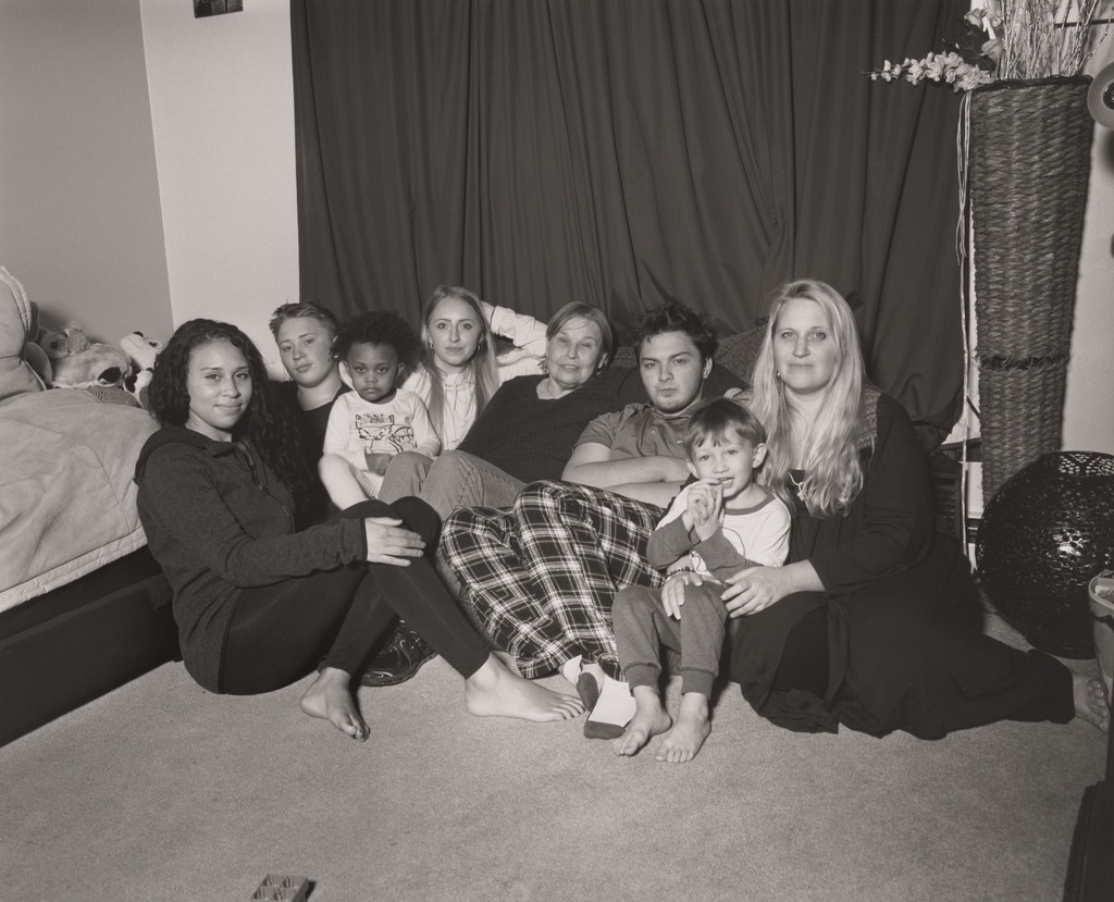 Angela Ralston, UAW Local 1714, at home with her mother Nancy Simmons; her children Aneesa, Seth, and Colin Ralston, Marena Wolford, and Greyson Simmons; and her granddaughter Eliana Hall, (Transition Center Customer Service Representative, 9.9 years in at GM Lordstown Complex, West Plant fabrication body shop), Girard, OH.