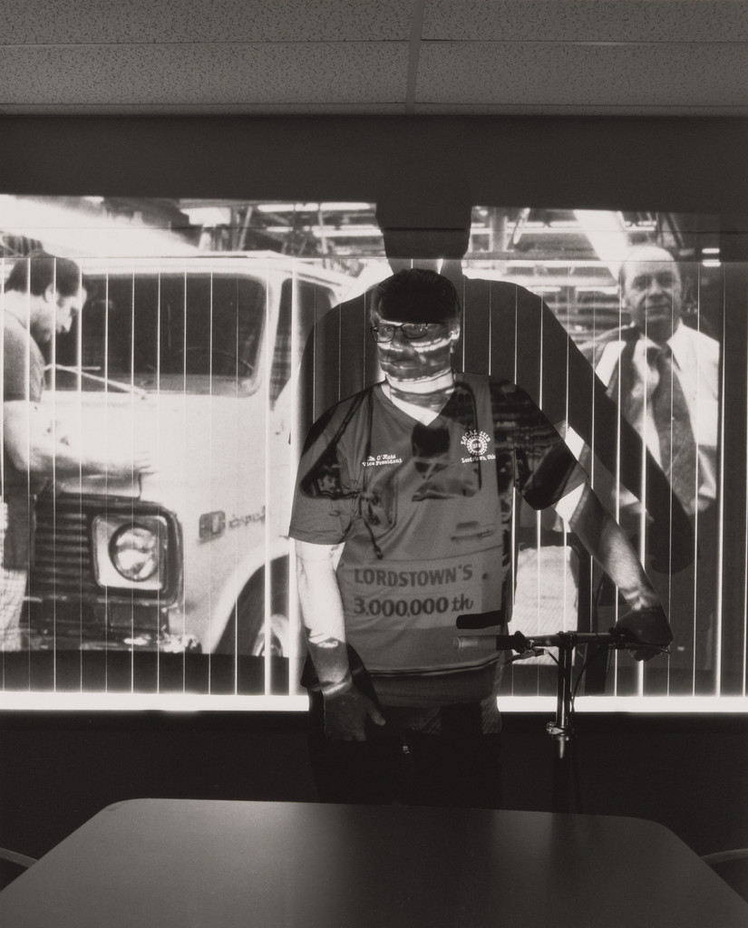Timothy O’Hara, UAW Local 1112, Vice President, former Trustee, and incoming President (2019), in the conference room with a photograph of the van plant featuring an auto worker and plant manager Charles Abernathy, inside UAW Local 1112 Reuther Scandy Alli union hall, (41 years in at GM Lordstown Complex), Lordstown, OH.