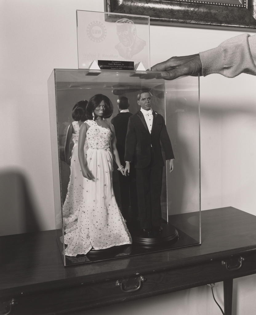 Louis Robinson, Jr.’s Walter P. Reuther Distinguished Service UAW Award atop his hand-built display vitrine of, Barack Obama and Michelle Obama Inaugural Ball Dolls, Youngstown, OH.