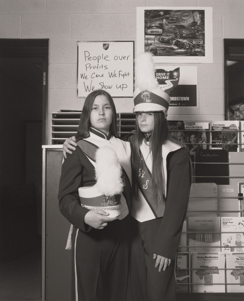 Cindy Higinbotham and Monet Hostutler, best friends and banner carriers, in the Lordstown High School band room.