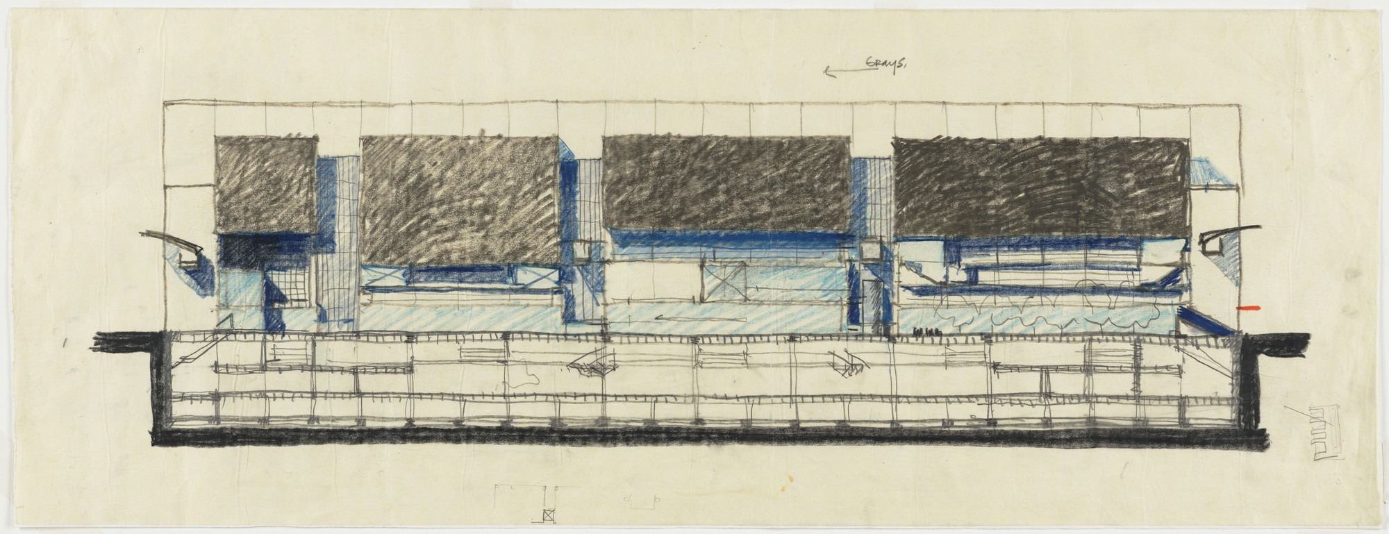 Rafael Viñoly. Tokyo International Forum, 1989-1996, Tokyo, Japan, East elevation of theater structures, sketch. 1989