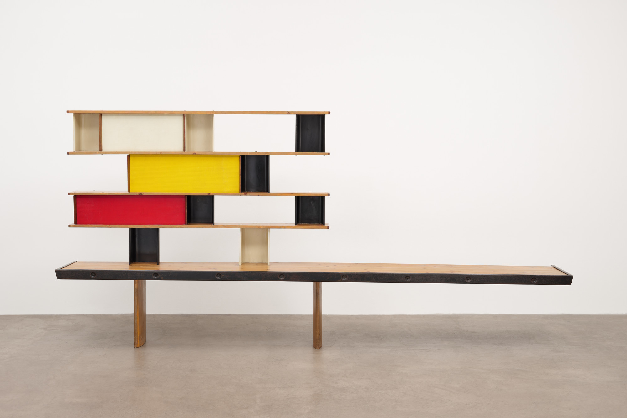 Charlotte Perriand, Ateliers Jean Prouvé, Nancy, France, Sonia Delaunay, Nicolas Schöffer. Maison de la Tunisie Bench-Bookshelf. 1952
